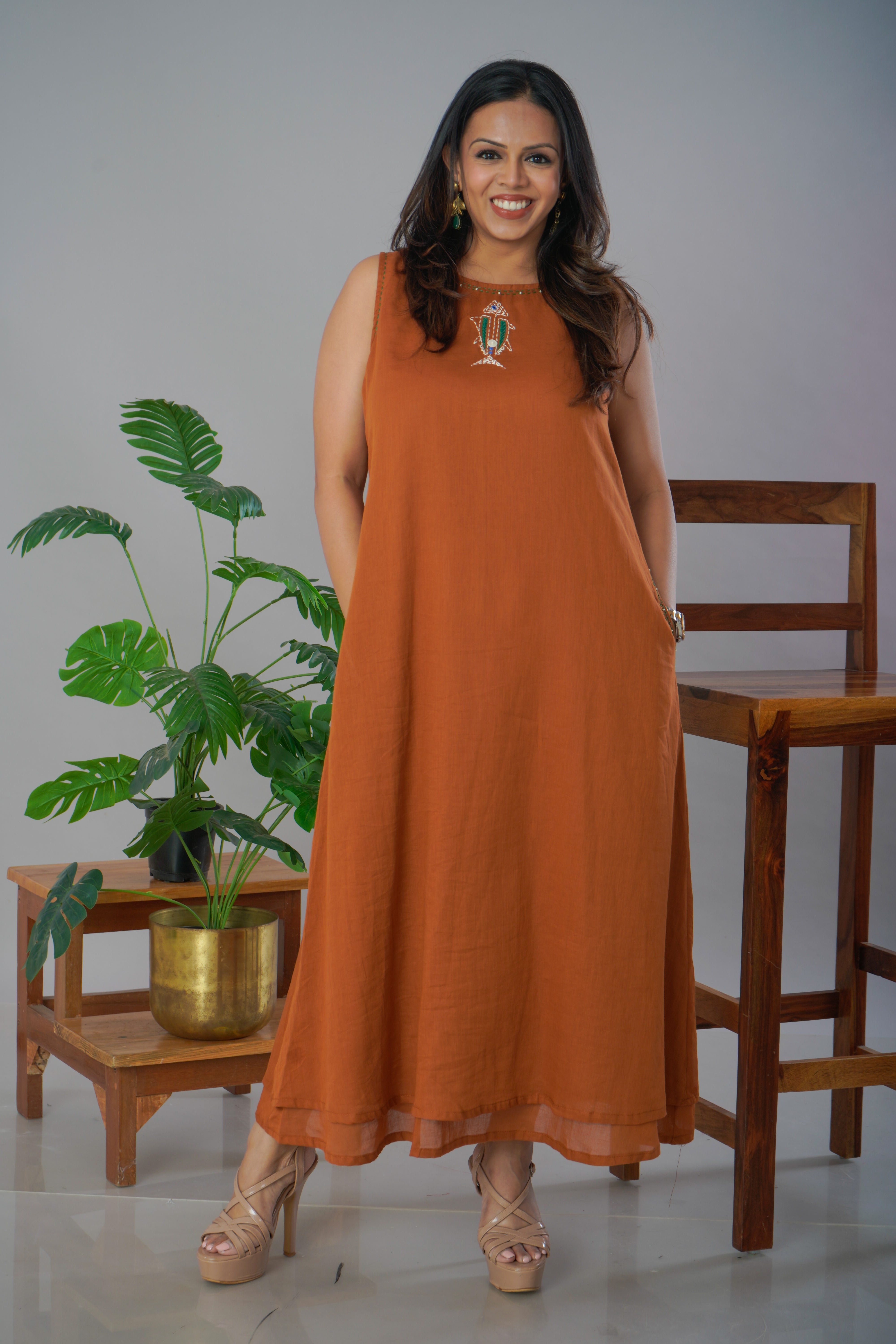 Mulmul Layerd Dress With Fish Embroidey