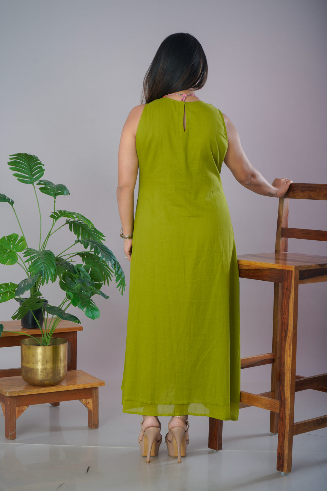 Olive Green Mulmul Cotton A-Line Dress with Jewellery Set
