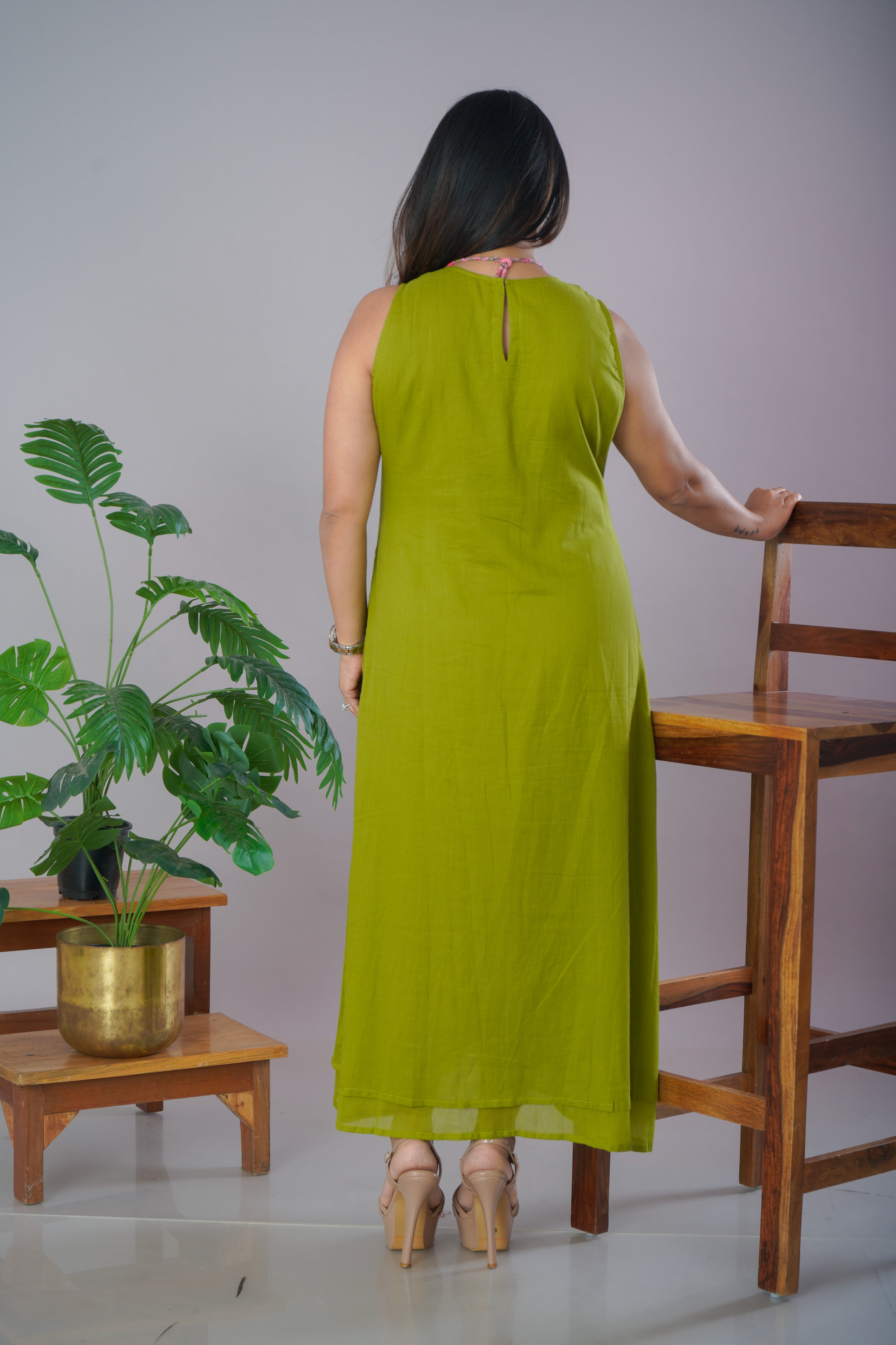 Olive Green Mulmul Cotton A-Line Dress with Jewellery Set