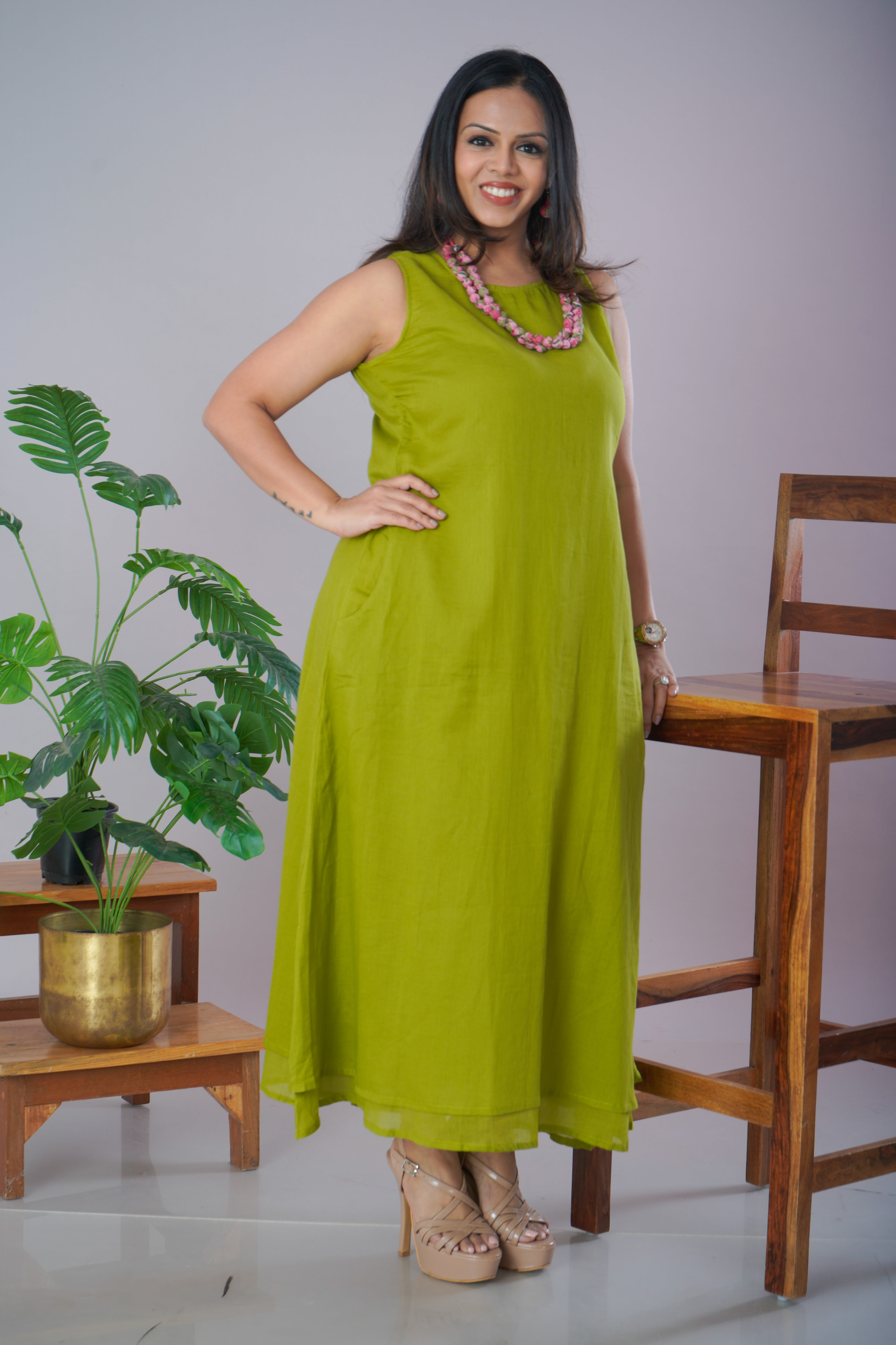 Olive Green Mulmul Cotton A-Line Dress with Jewellery Set