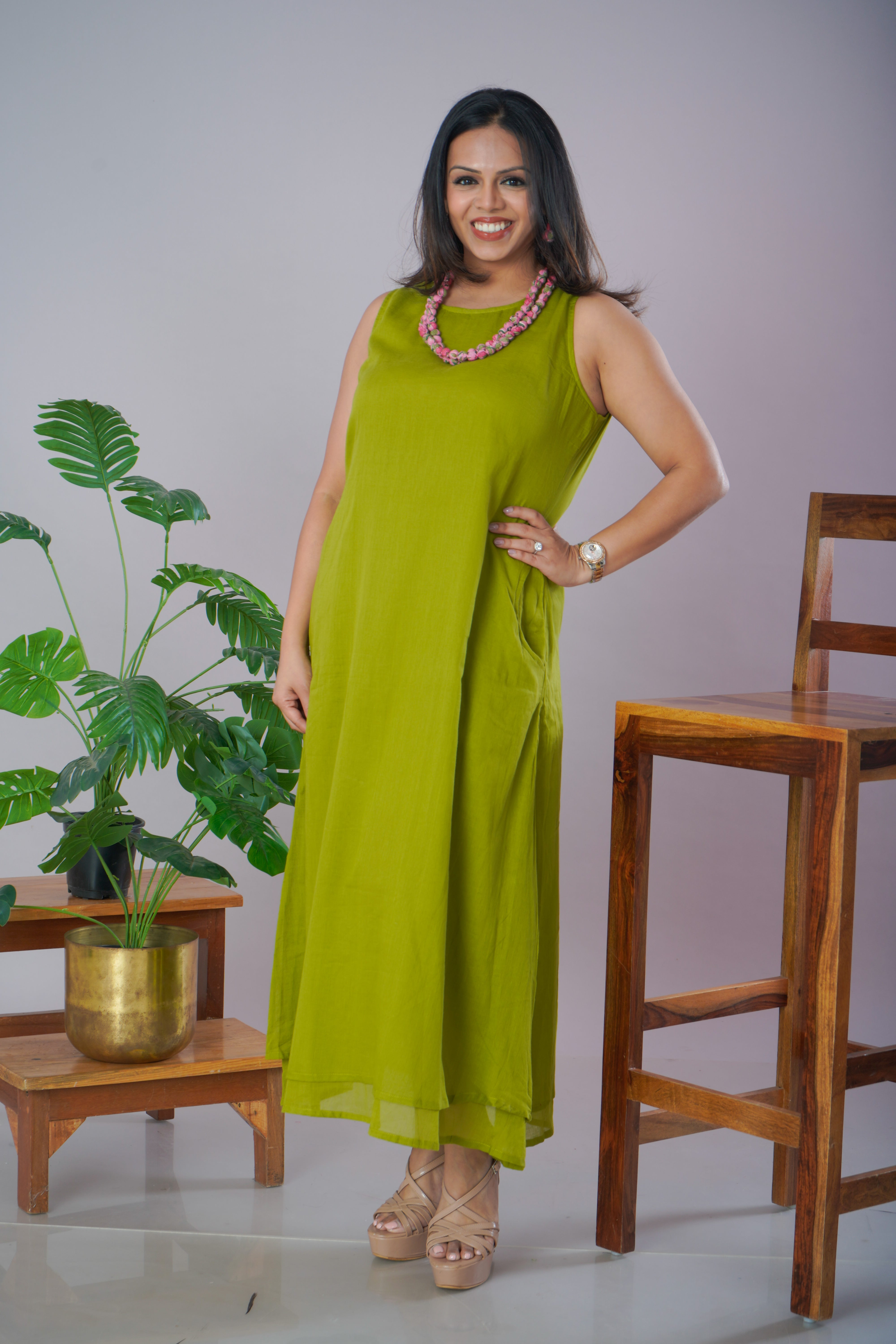 Olive Green Mulmul Cotton A-Line Dress with Jewellery Set