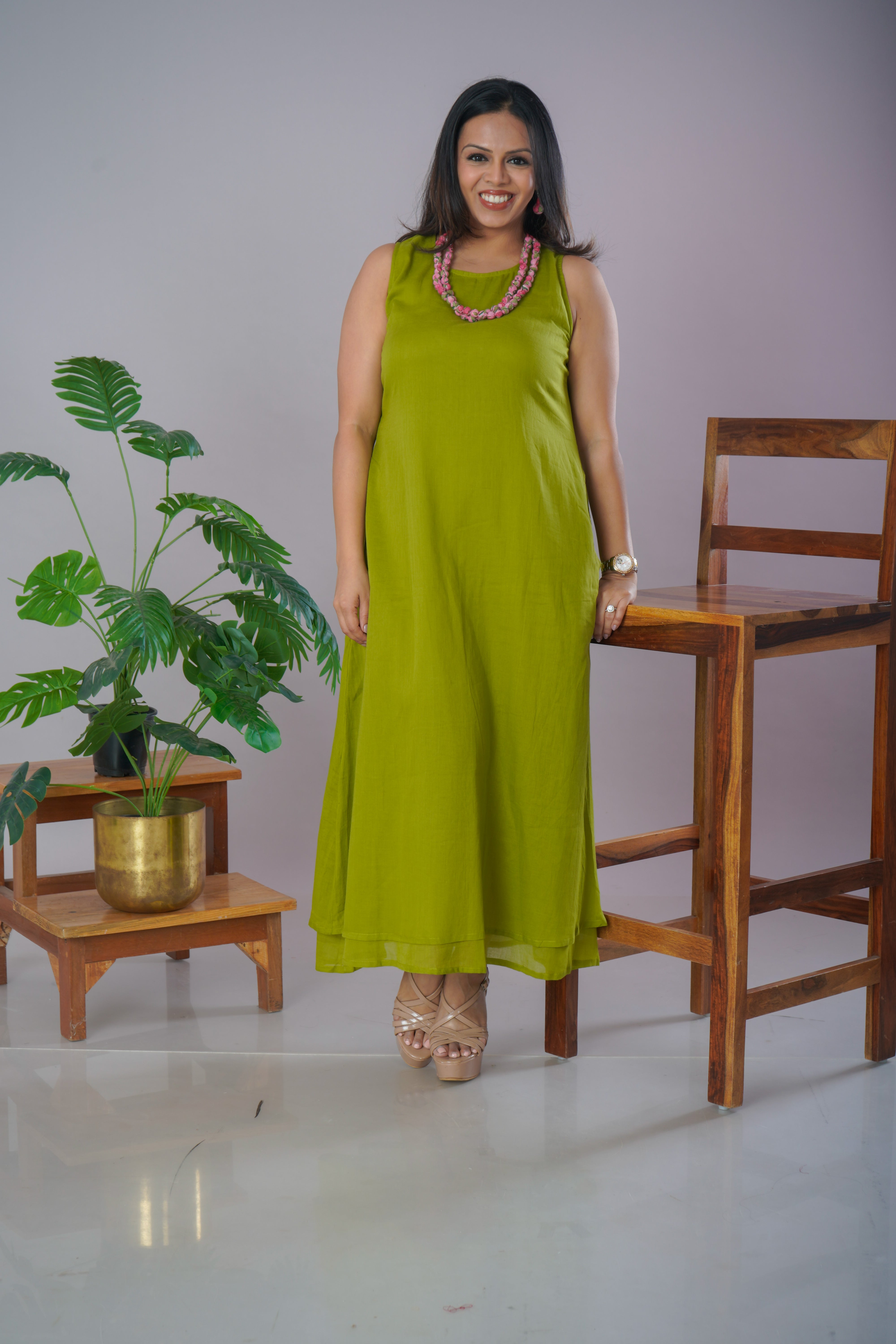 Olive Green Mulmul Cotton A-Line Dress with Jewellery Set