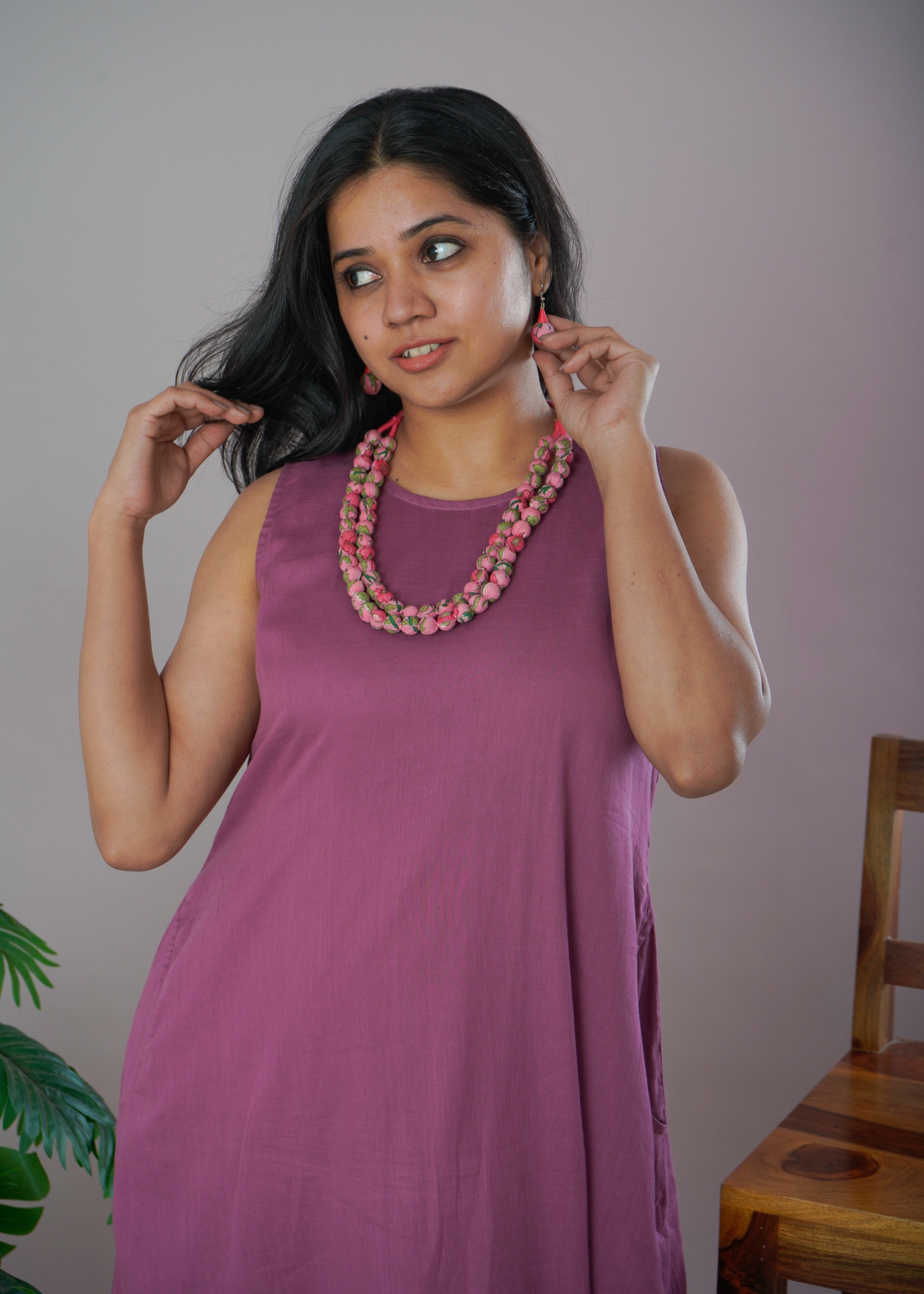 Mauve Mulmul Cotton A-Line Dress with Jewellery Set