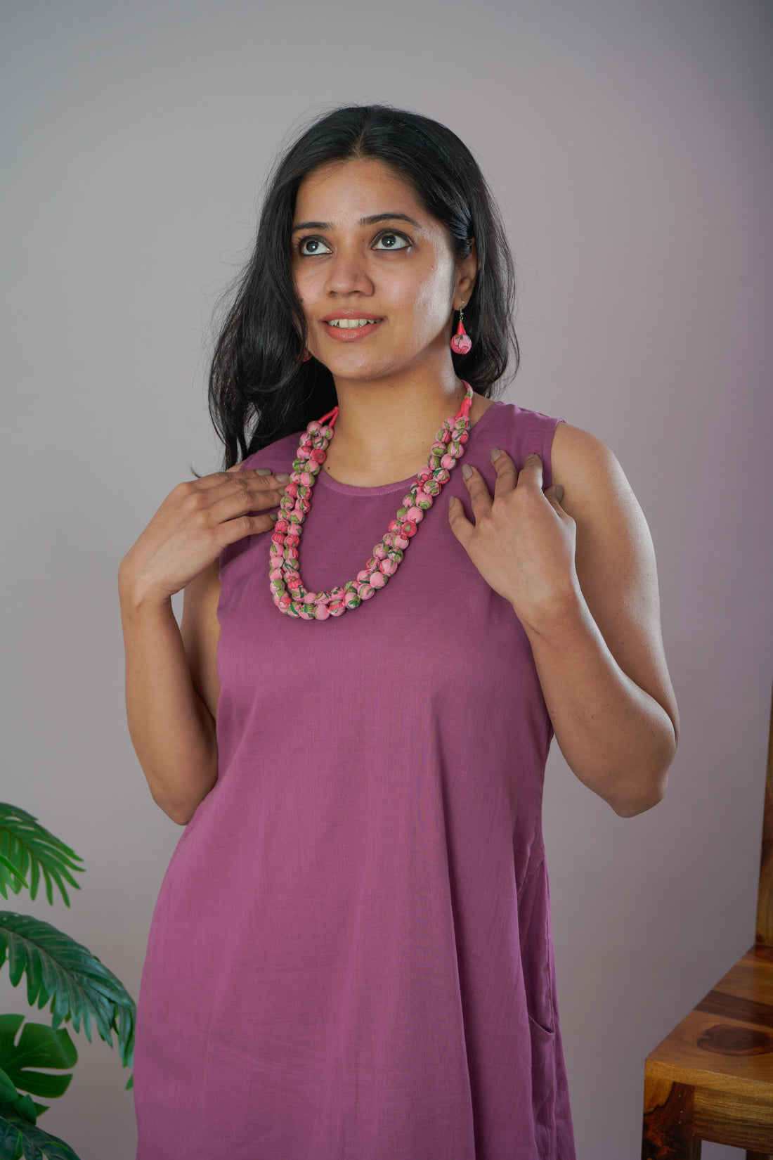 Mauve Mulmul Cotton A-Line Dress with Jewellery Set