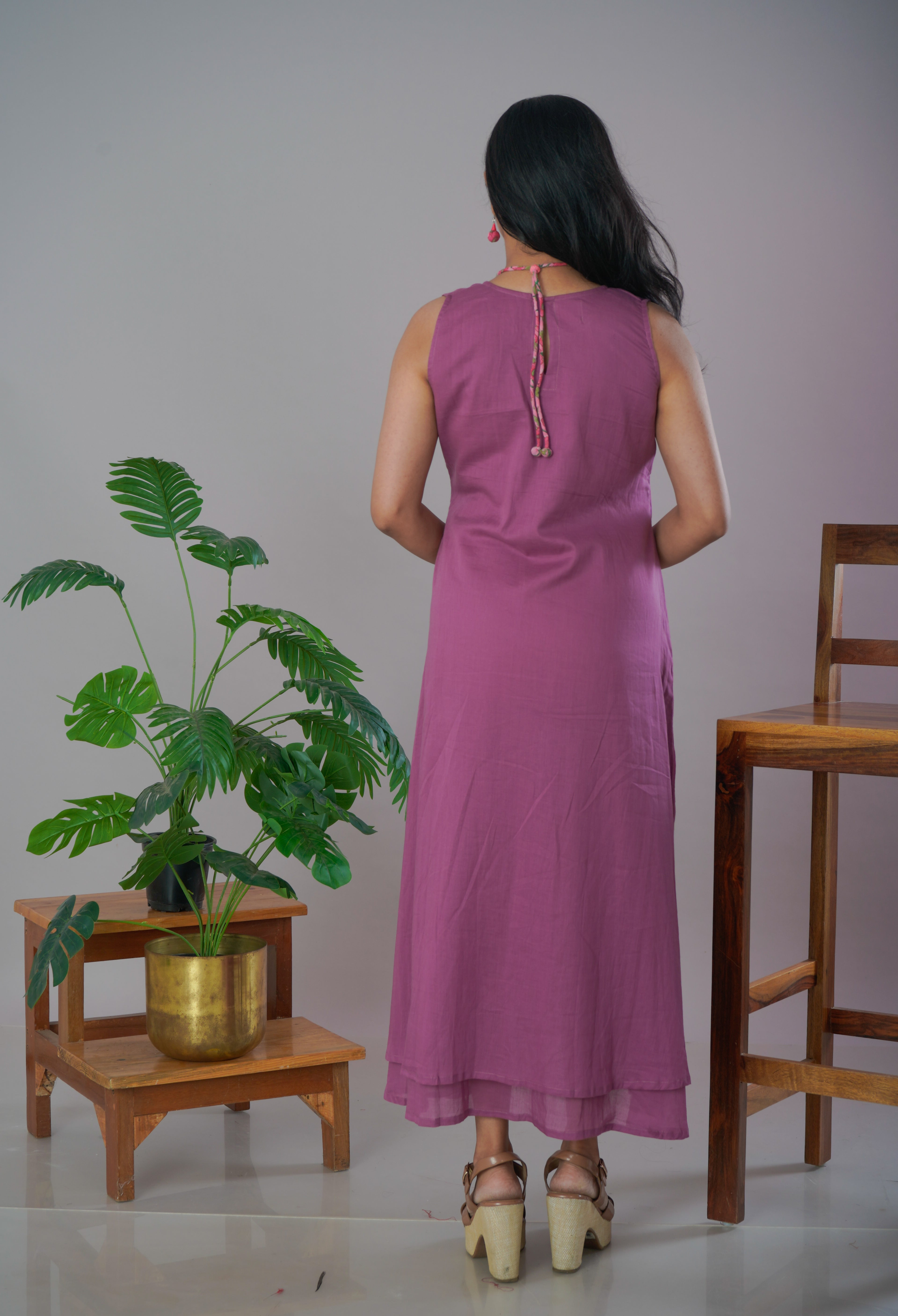 Mauve Mulmul Cotton A-Line Dress with Jewellery Set