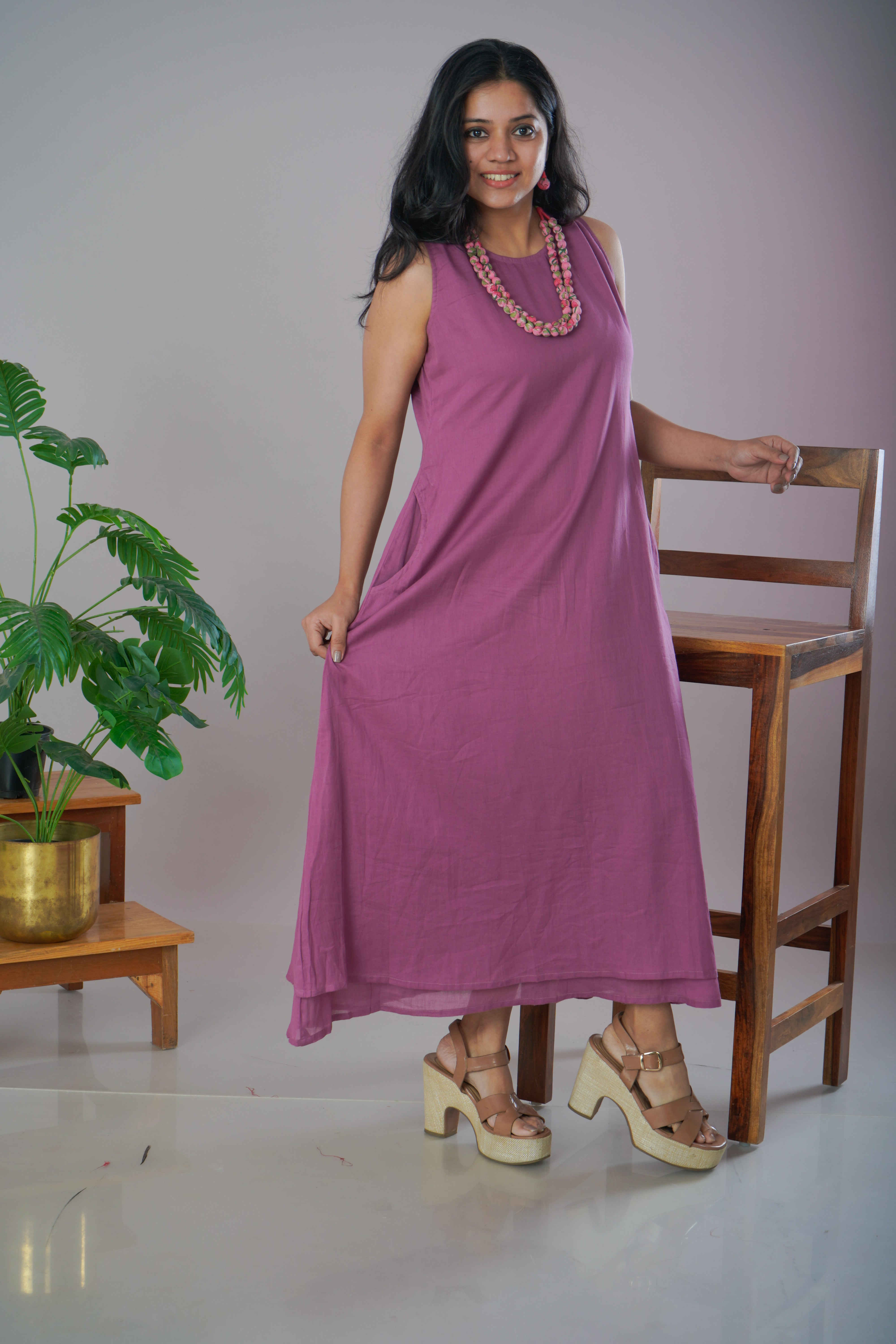 Mauve Mulmul Cotton A-Line Dress with Jewellery Set