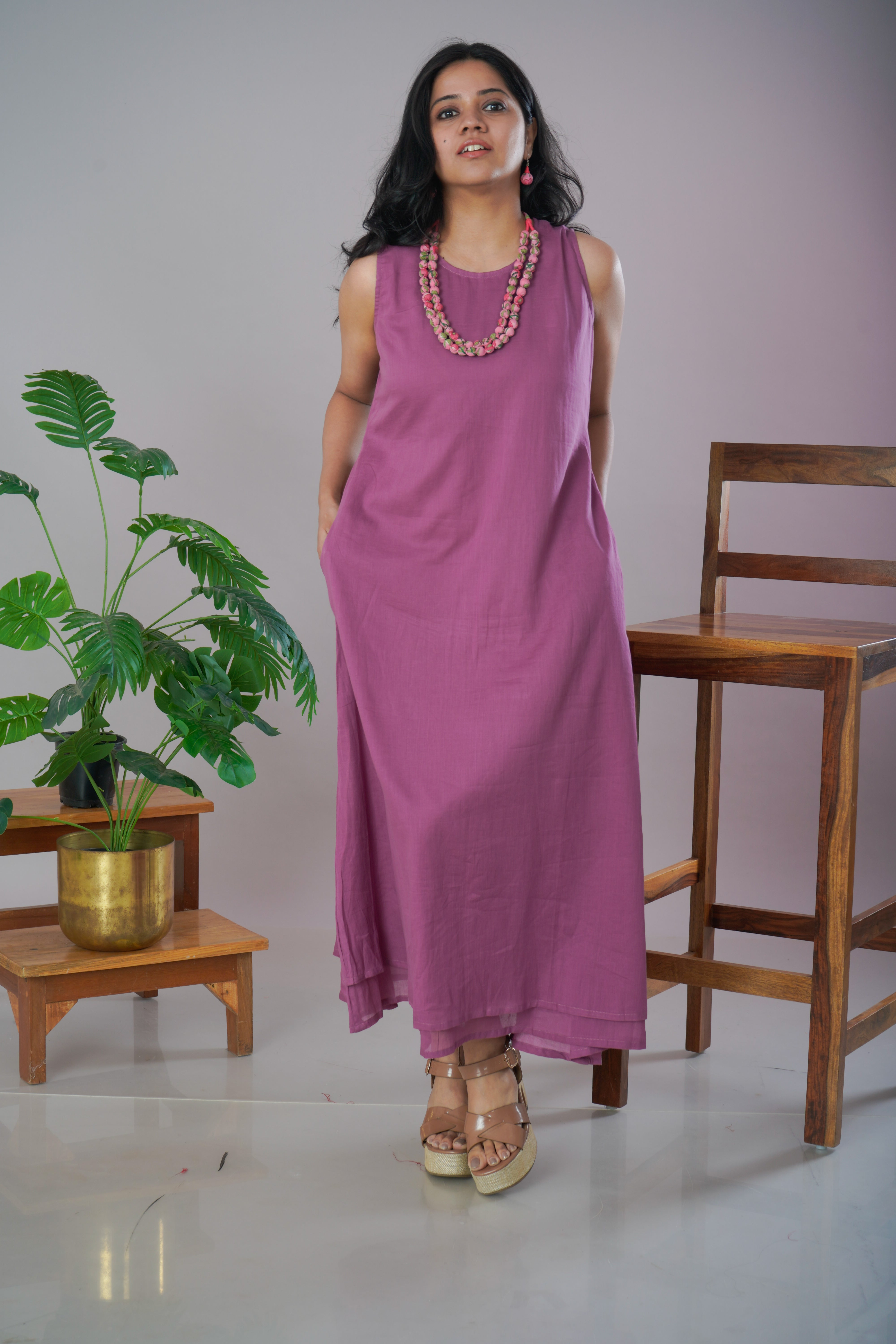 Mauve Mulmul Cotton A-Line Dress with Jewellery Set