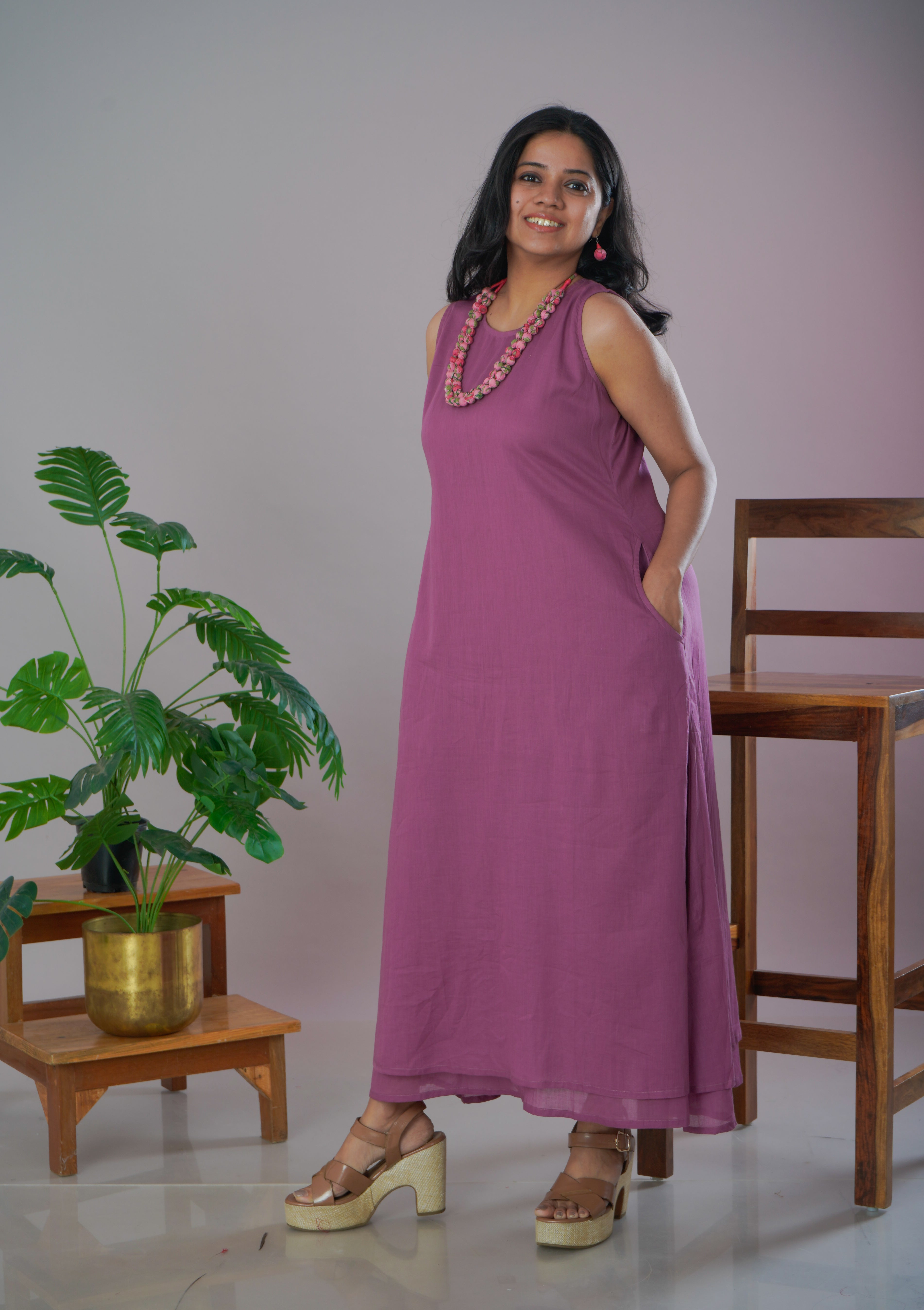 Mauve Mulmul Cotton A-Line Dress with Jewellery Set
