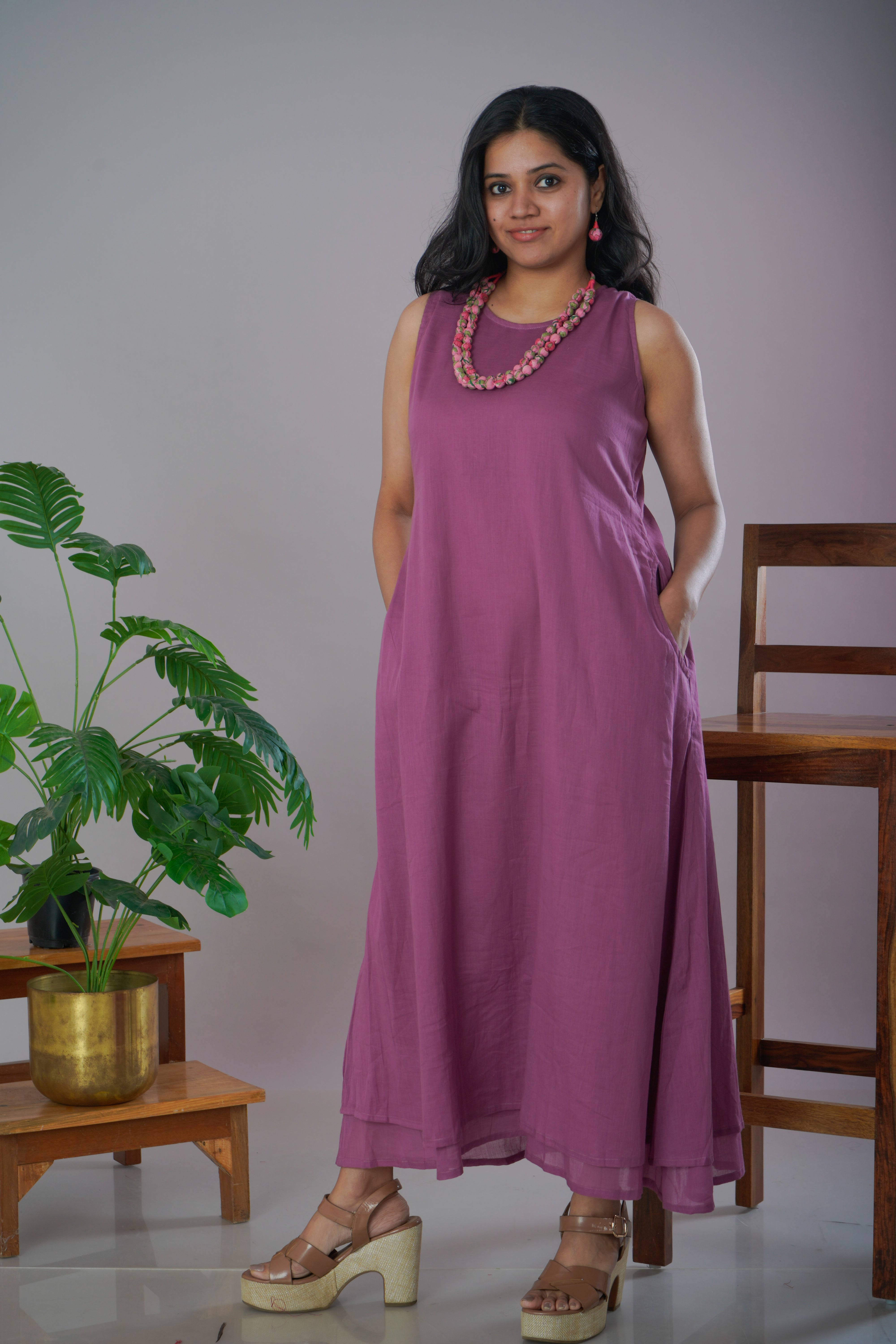 Mauve Mulmul Cotton A-Line Dress with Jewellery Set