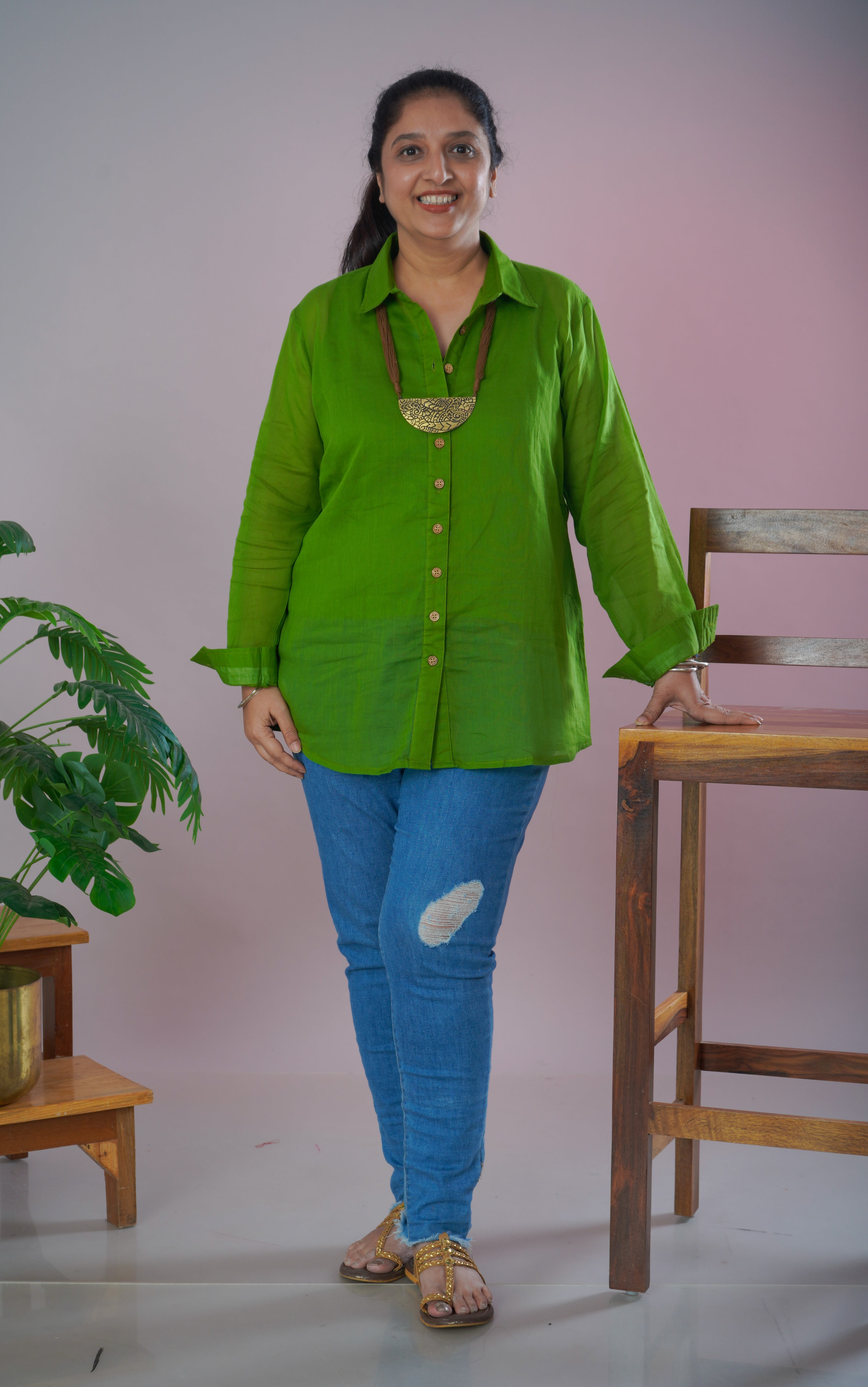 Parrot Green Mulmul Cotton Shirt with Inner