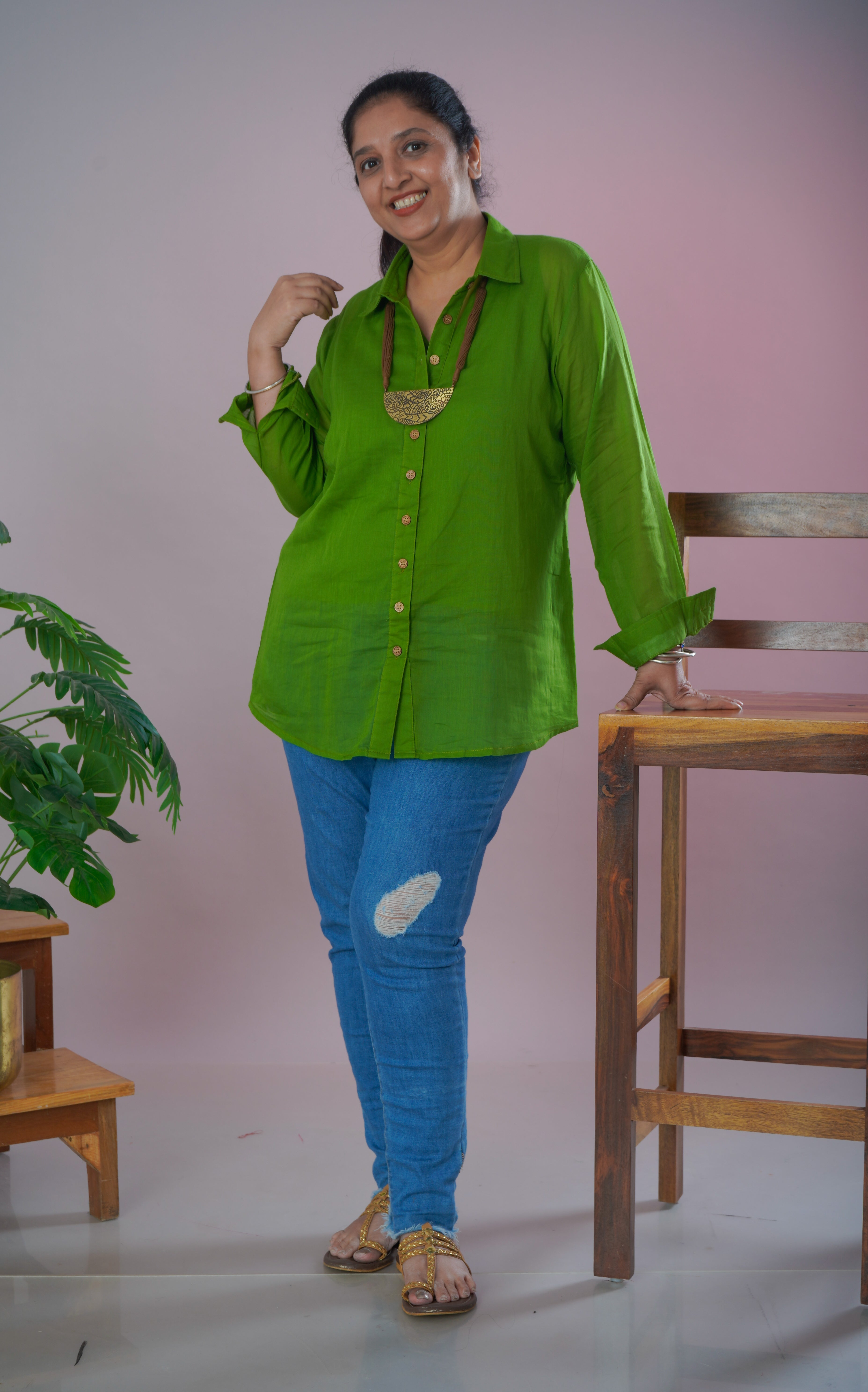 Parrot Green Mulmul Cotton Shirt with Inner
