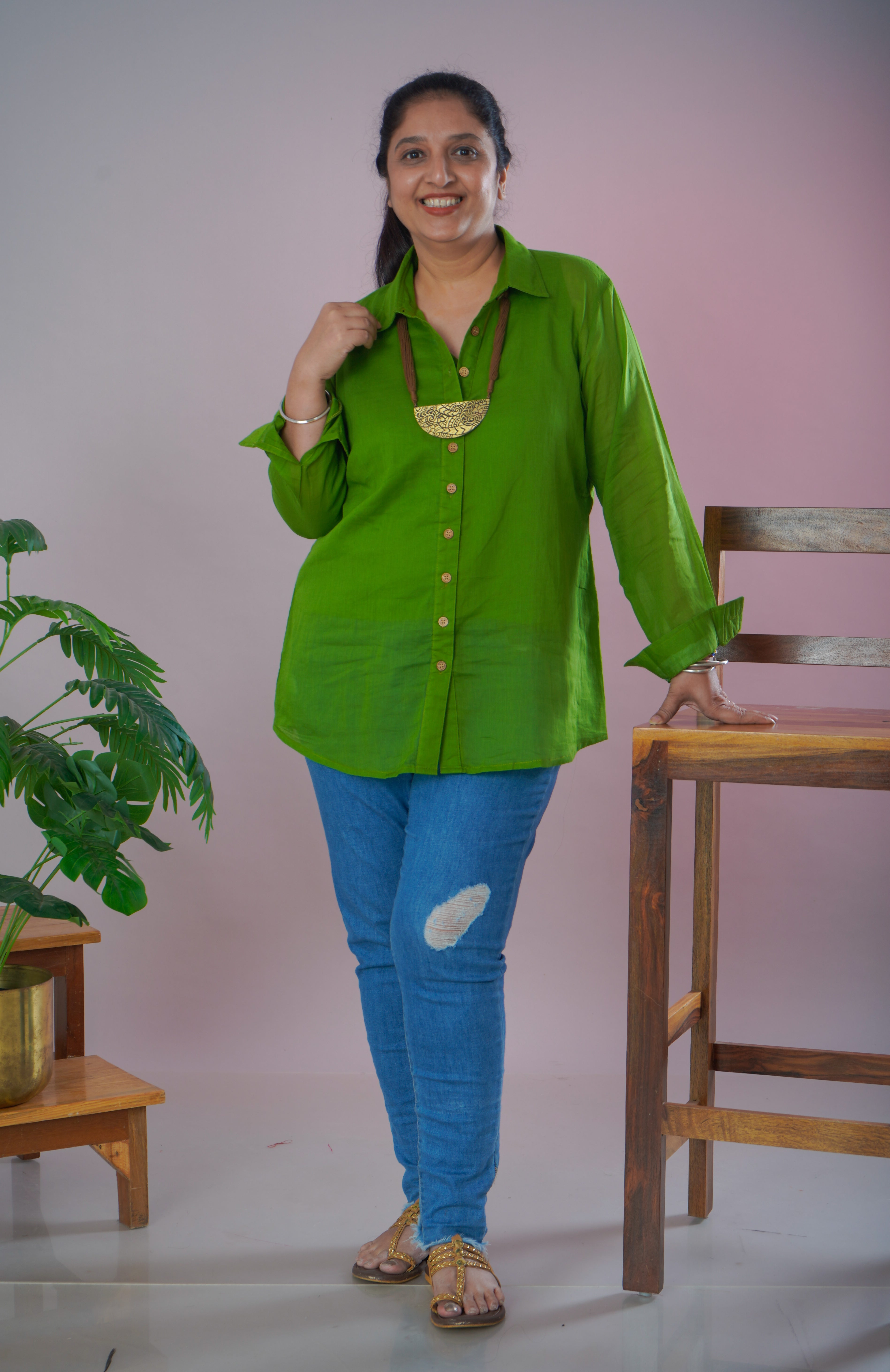 Parrot Green Mulmul Cotton Shirt with Inner