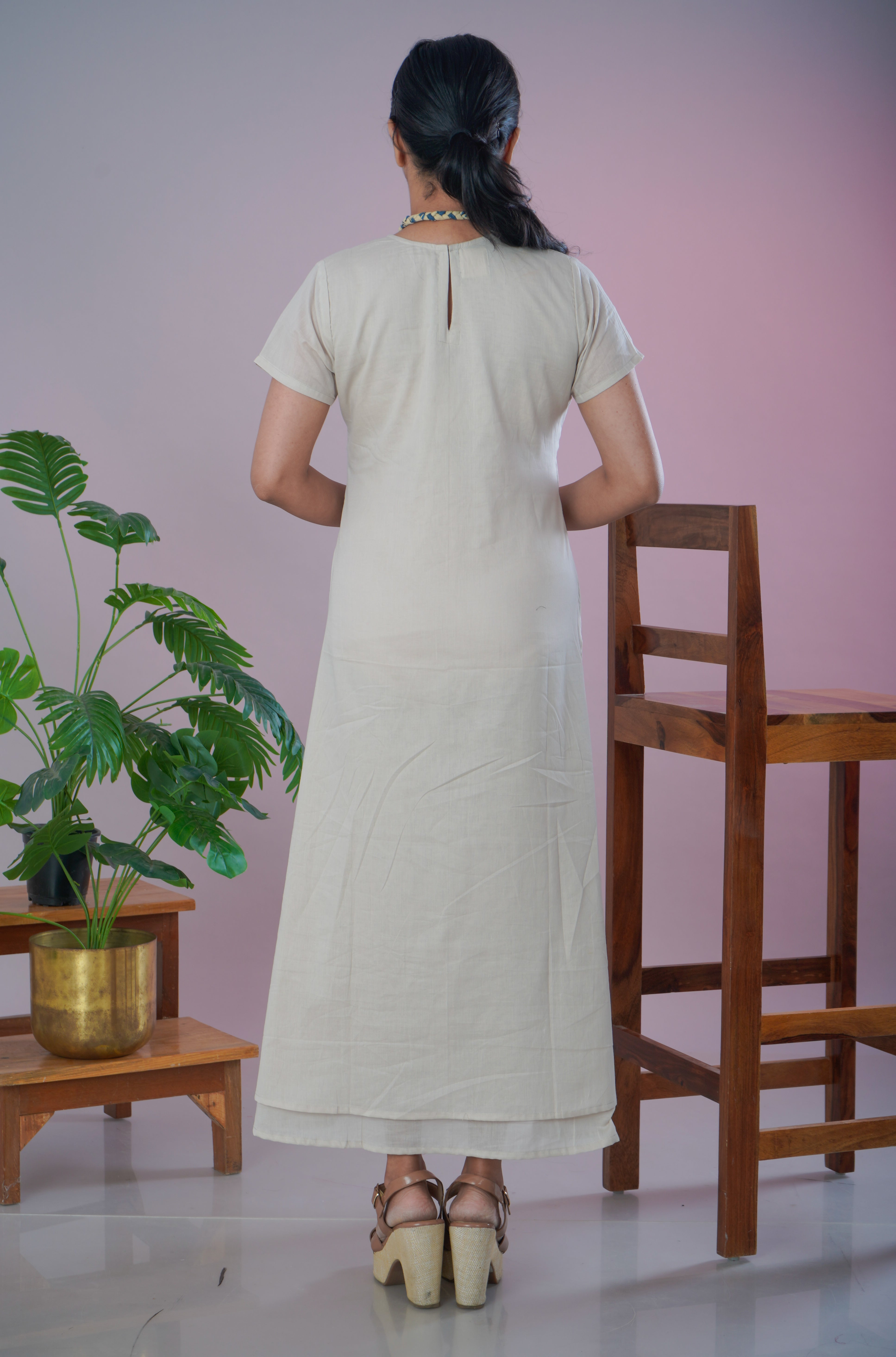 Ivory Mulmul Cotton A-Line Dress with Jewellery Set