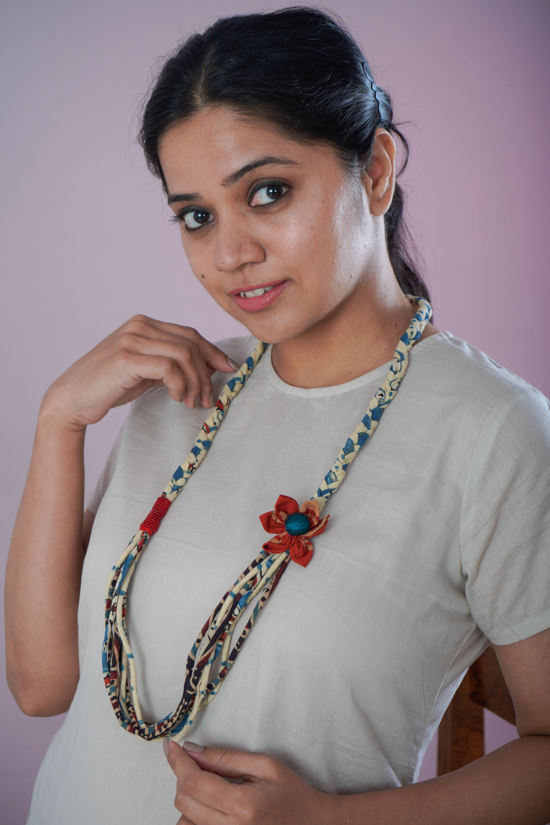 Ivory Mulmul Cotton A-Line Dress with Jewellery Set