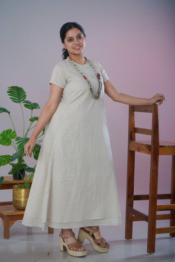 Ivory Mulmul Cotton A-Line Dress with Jewellery Set