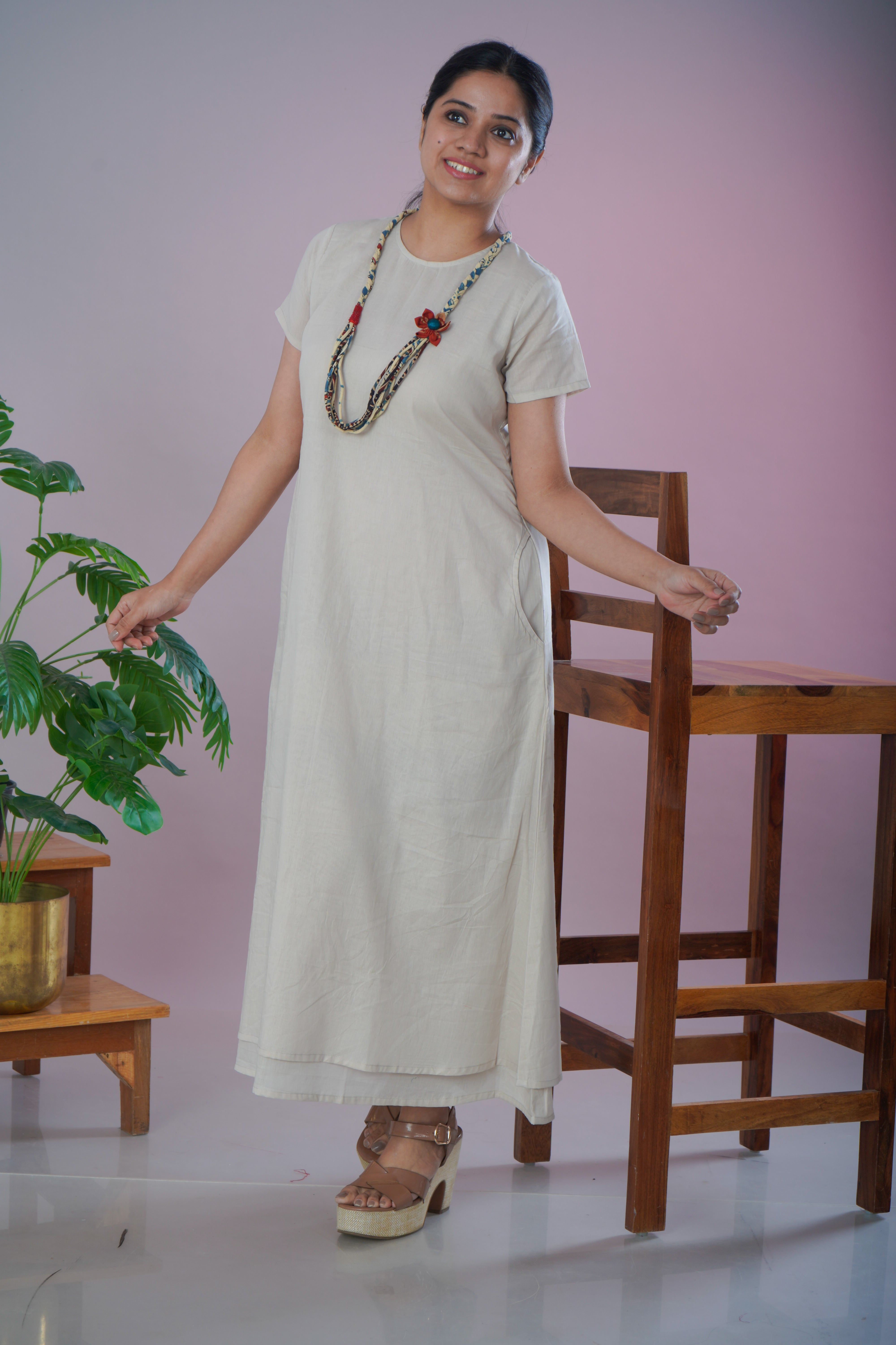 Ivory Mulmul Cotton A-Line Dress with Jewellery Set