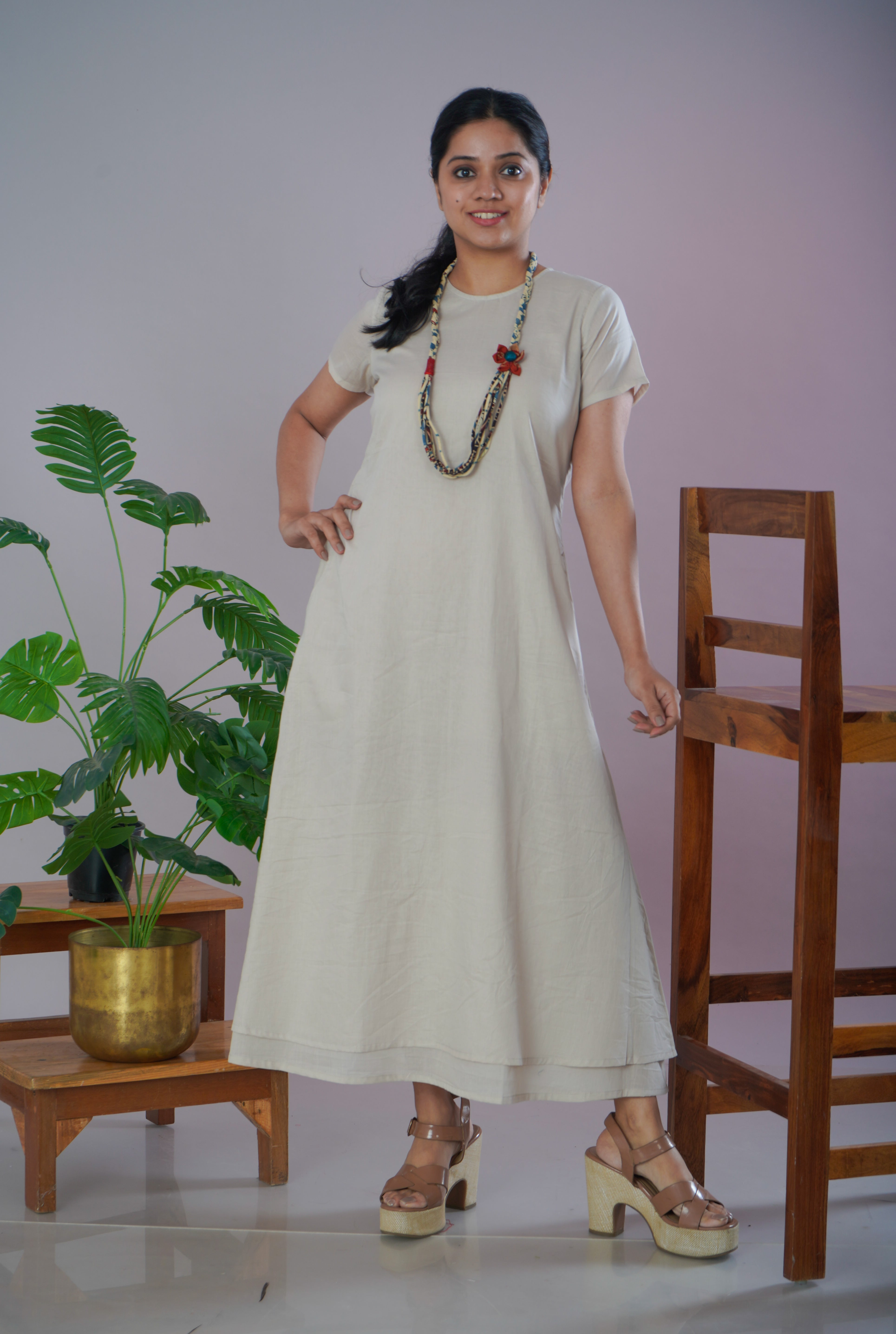 Ivory Mulmul Cotton A-Line Dress with Jewellery Set