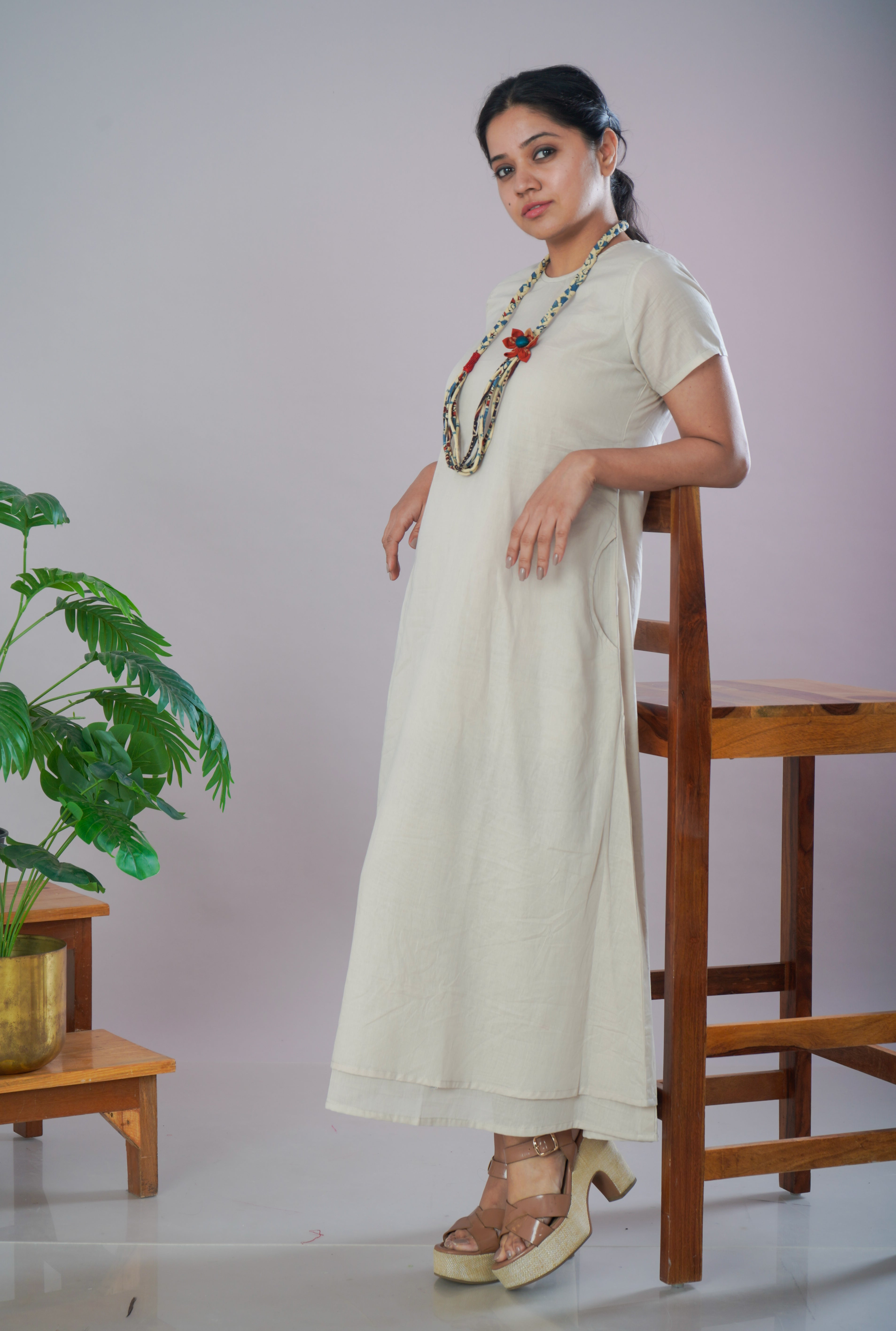 Ivory Mulmul Cotton A-Line Dress with Jewellery Set