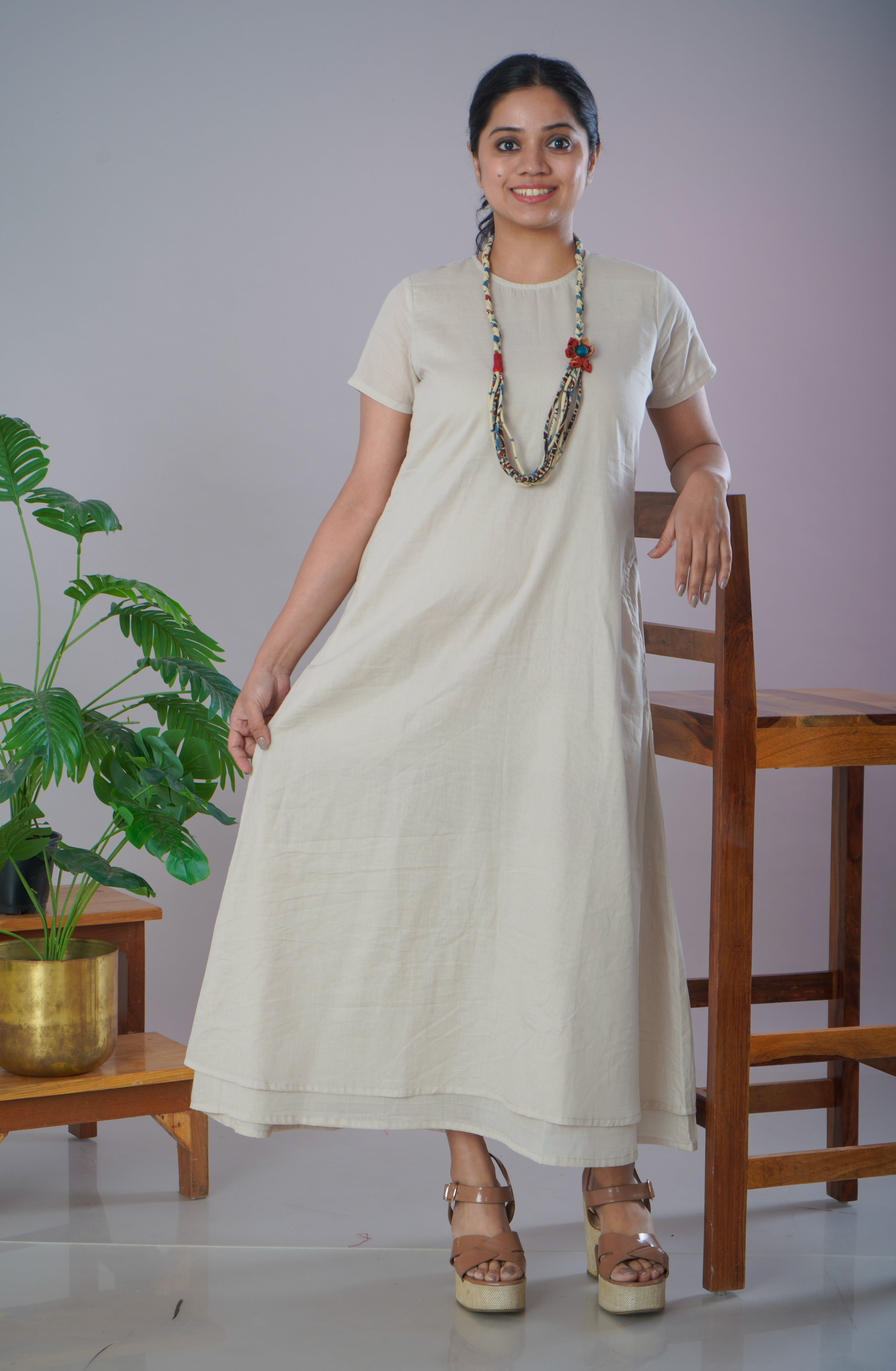 Ivory Mulmul Cotton A-Line Dress with Jewellery Set