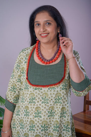 Green Sanganeri Cotton Dress with Jewellery Set