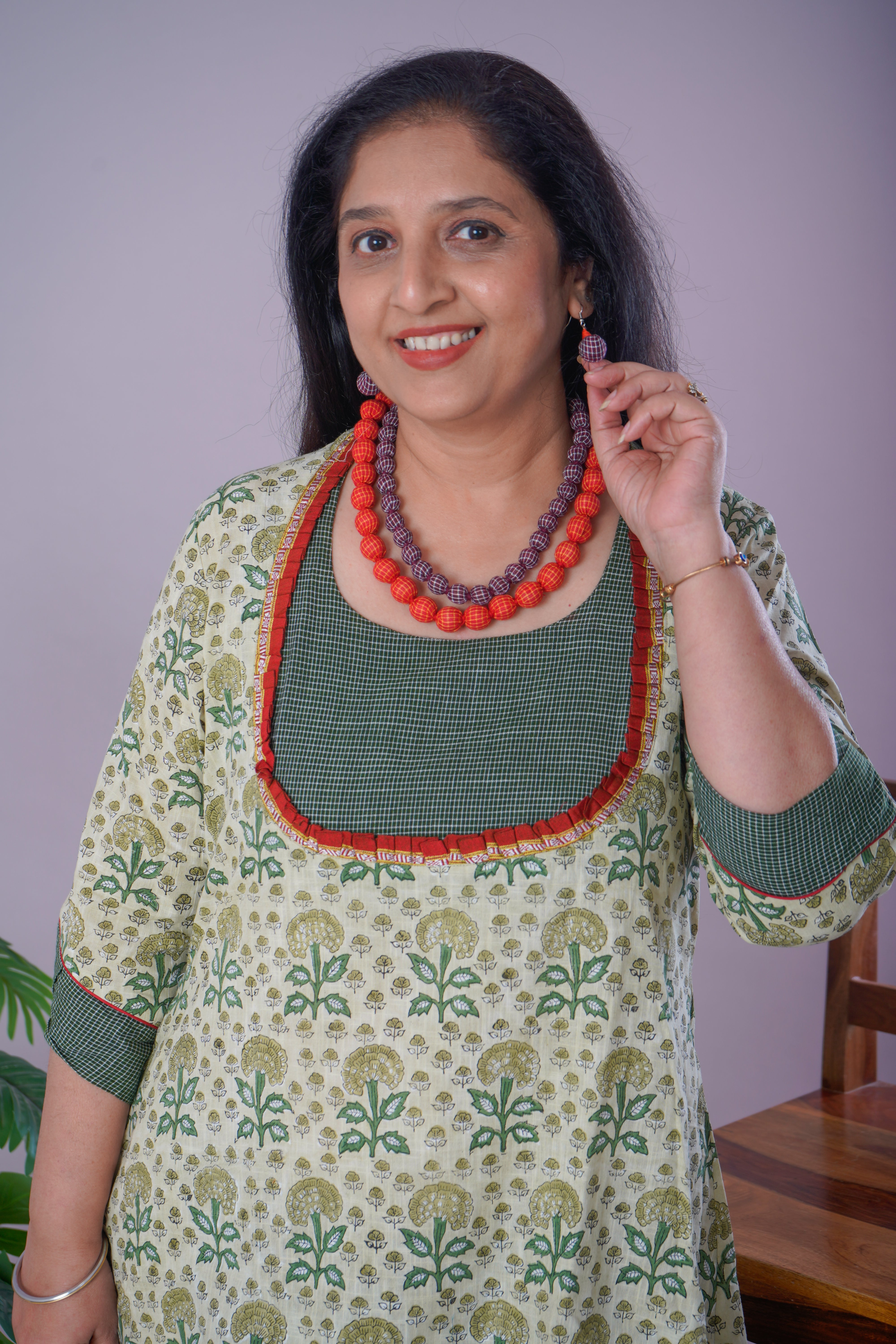 Green Sanganeri Cotton Dress with Jewellery Set
