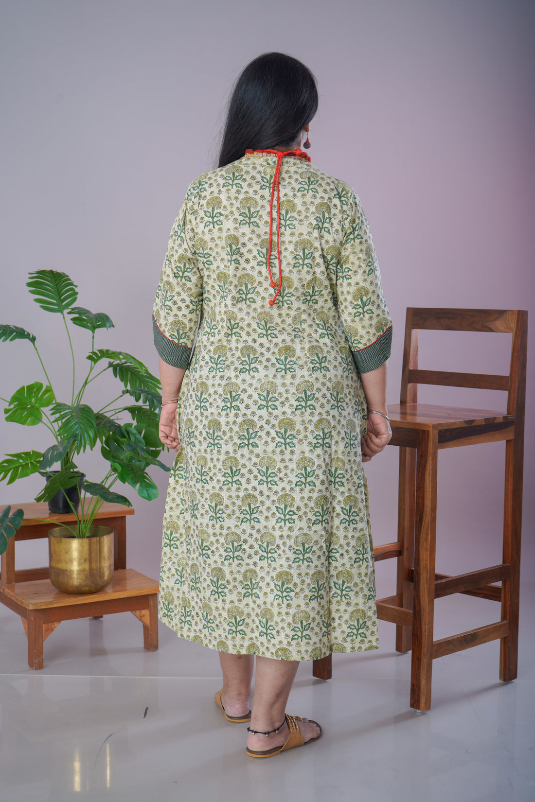 Green Sanganeri Cotton Dress with Jewellery Set