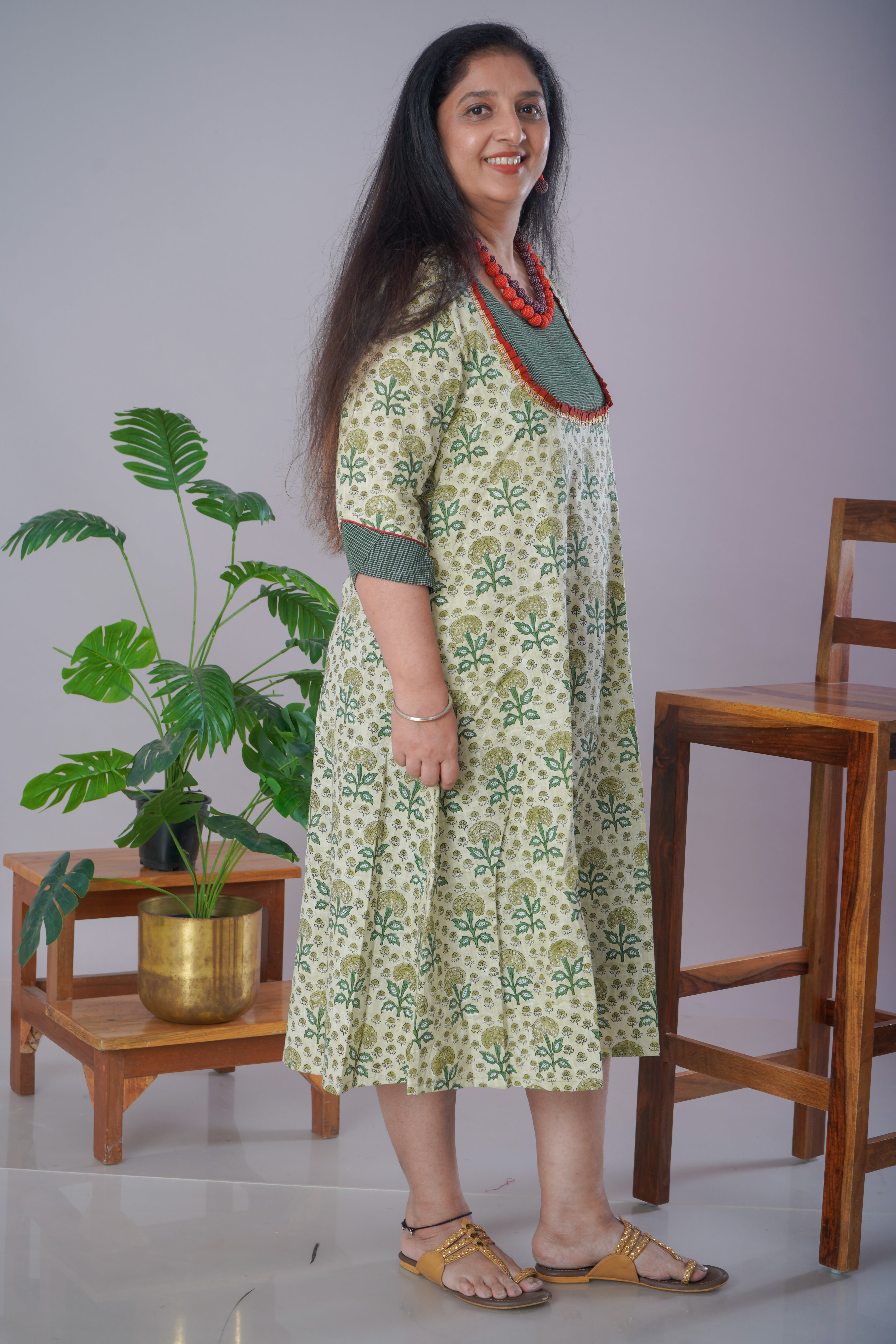 Green Sanganeri Cotton Dress with Jewellery Set