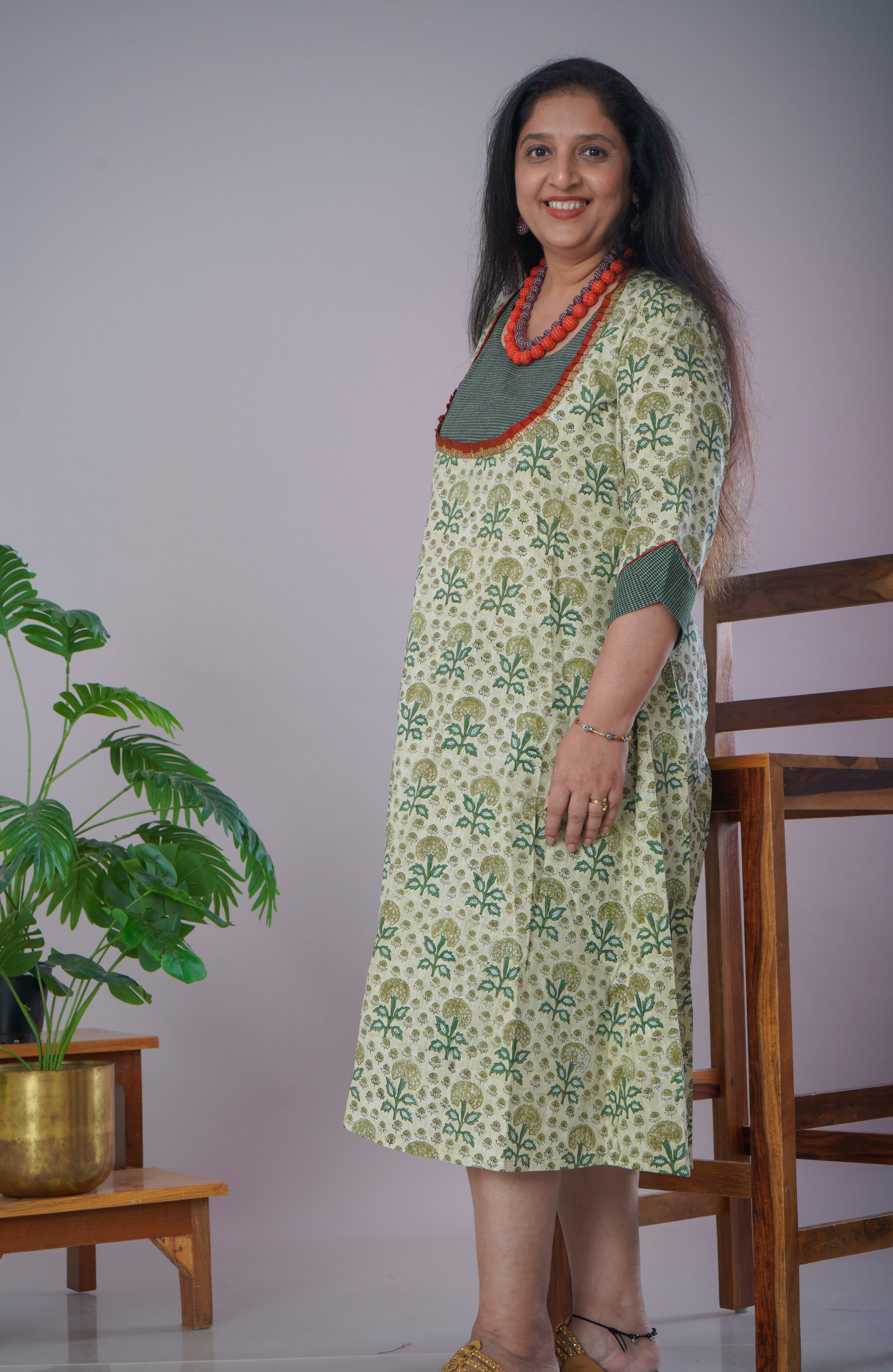 Green Sanganeri Cotton Dress with Jewellery Set