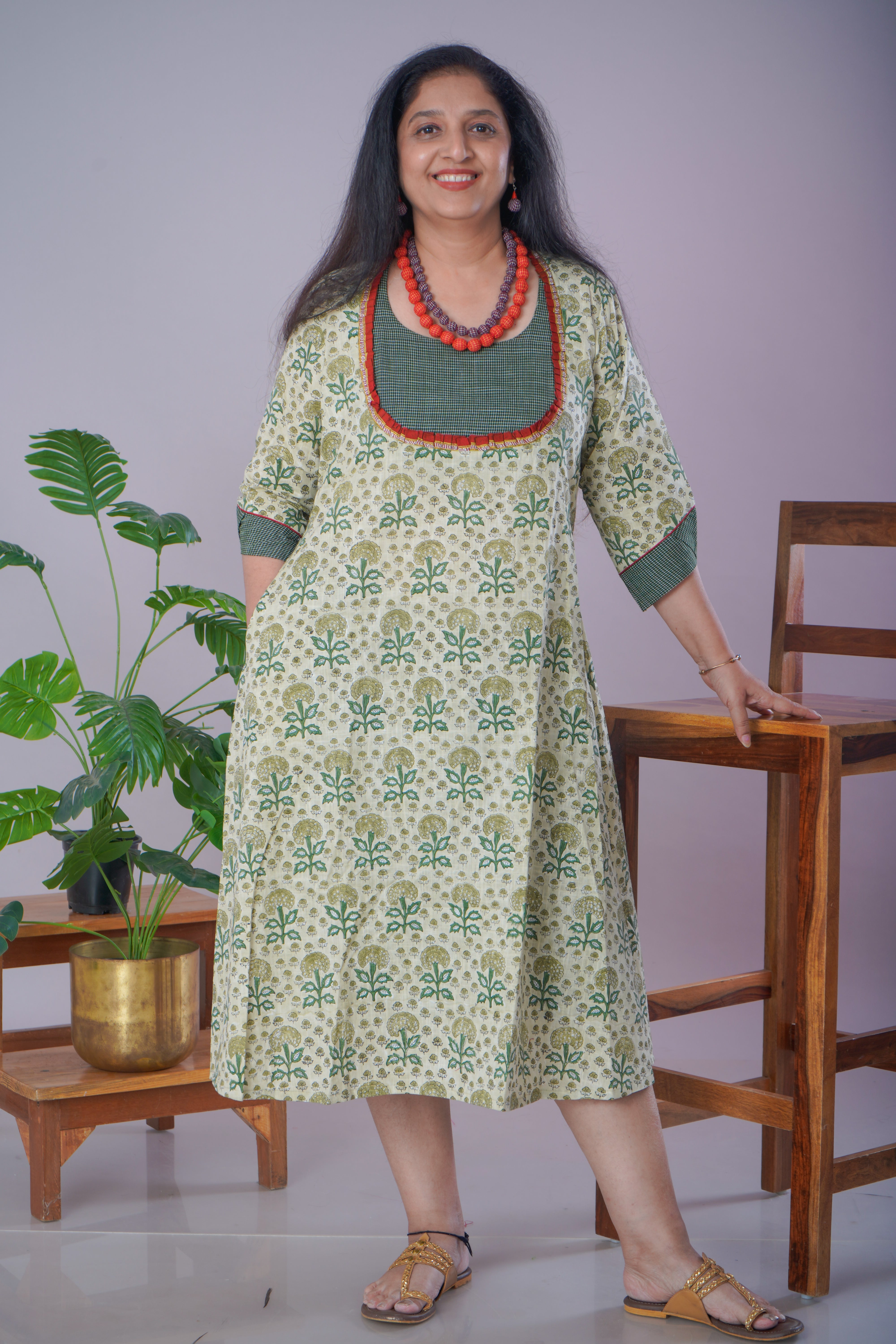 Green Sanganeri Cotton Dress with Jewellery Set