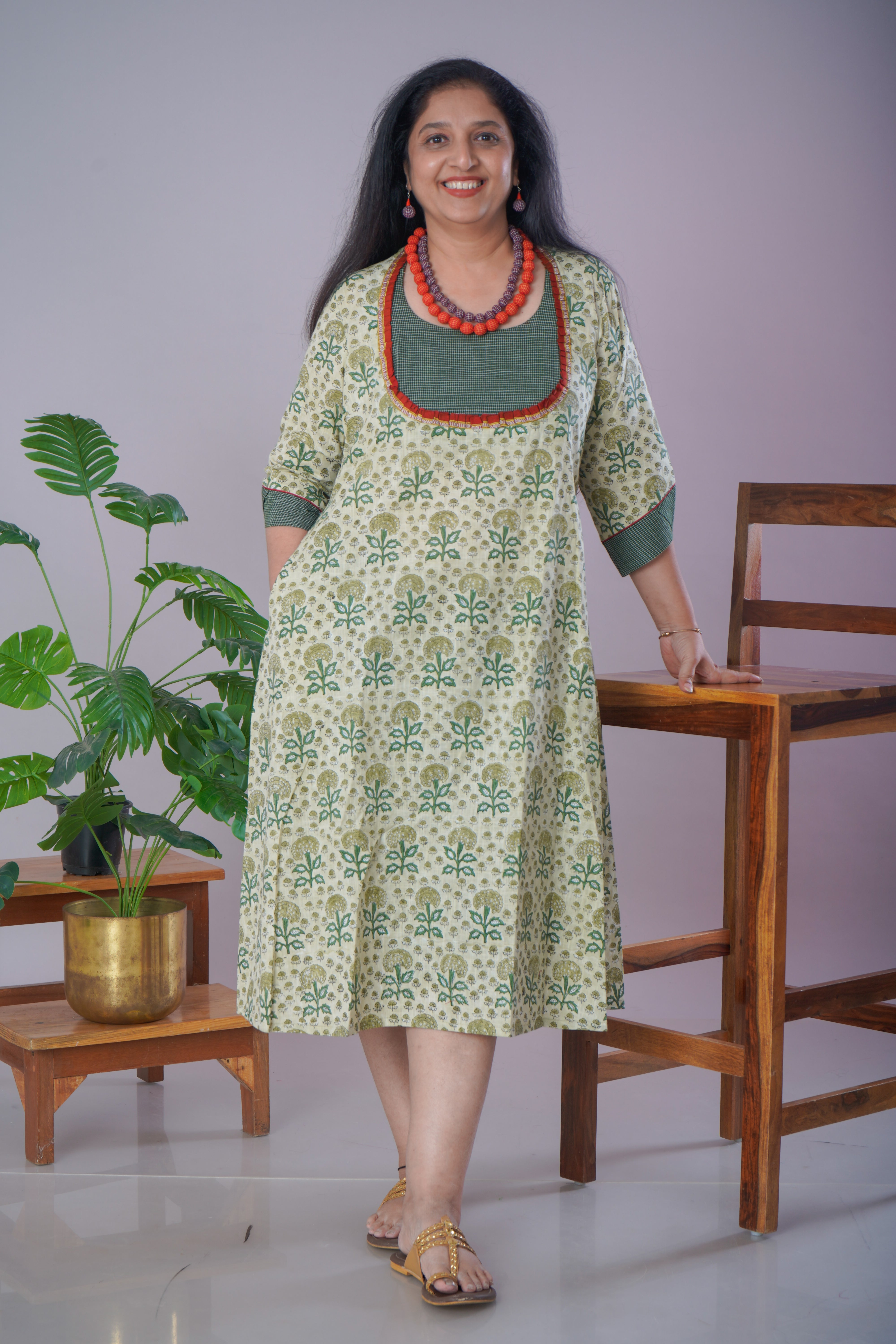Green Sanganeri Cotton Dress with Jewellery Set