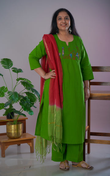 Parrot Green Cambric Cotton Kurta Pant Set with Chanderi Dupatta