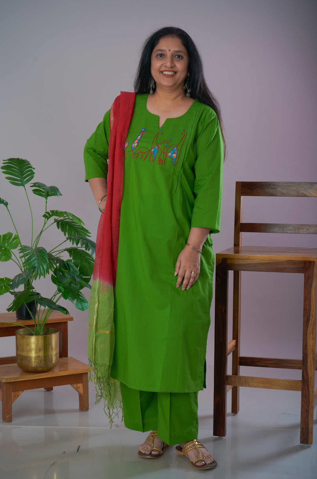 Parrot Green Cambric Cotton Kurta Pant Set with Chanderi Dupatta