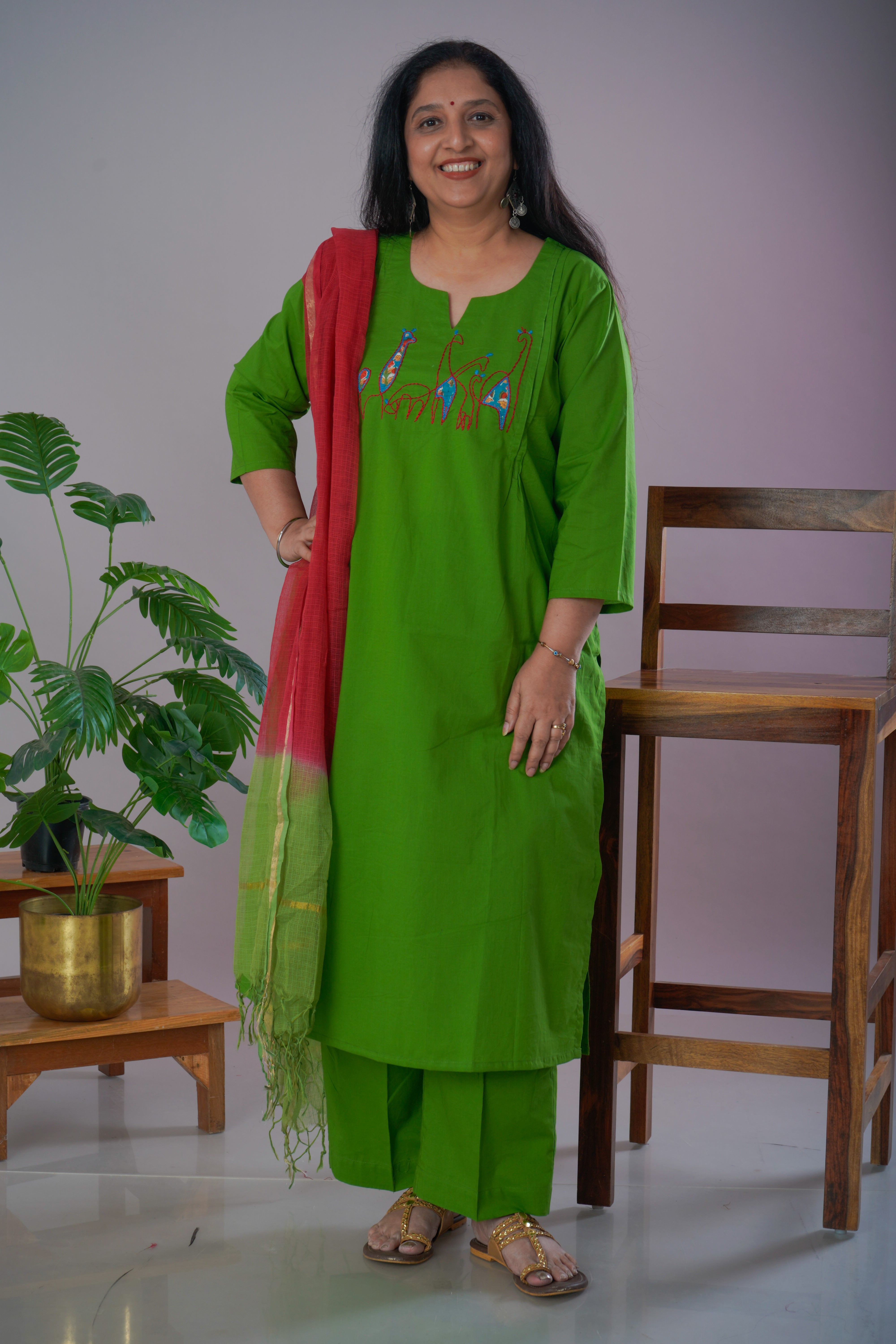 Parrot Green Cambric Cotton Kurta Pant Set with Chanderi Dupatta