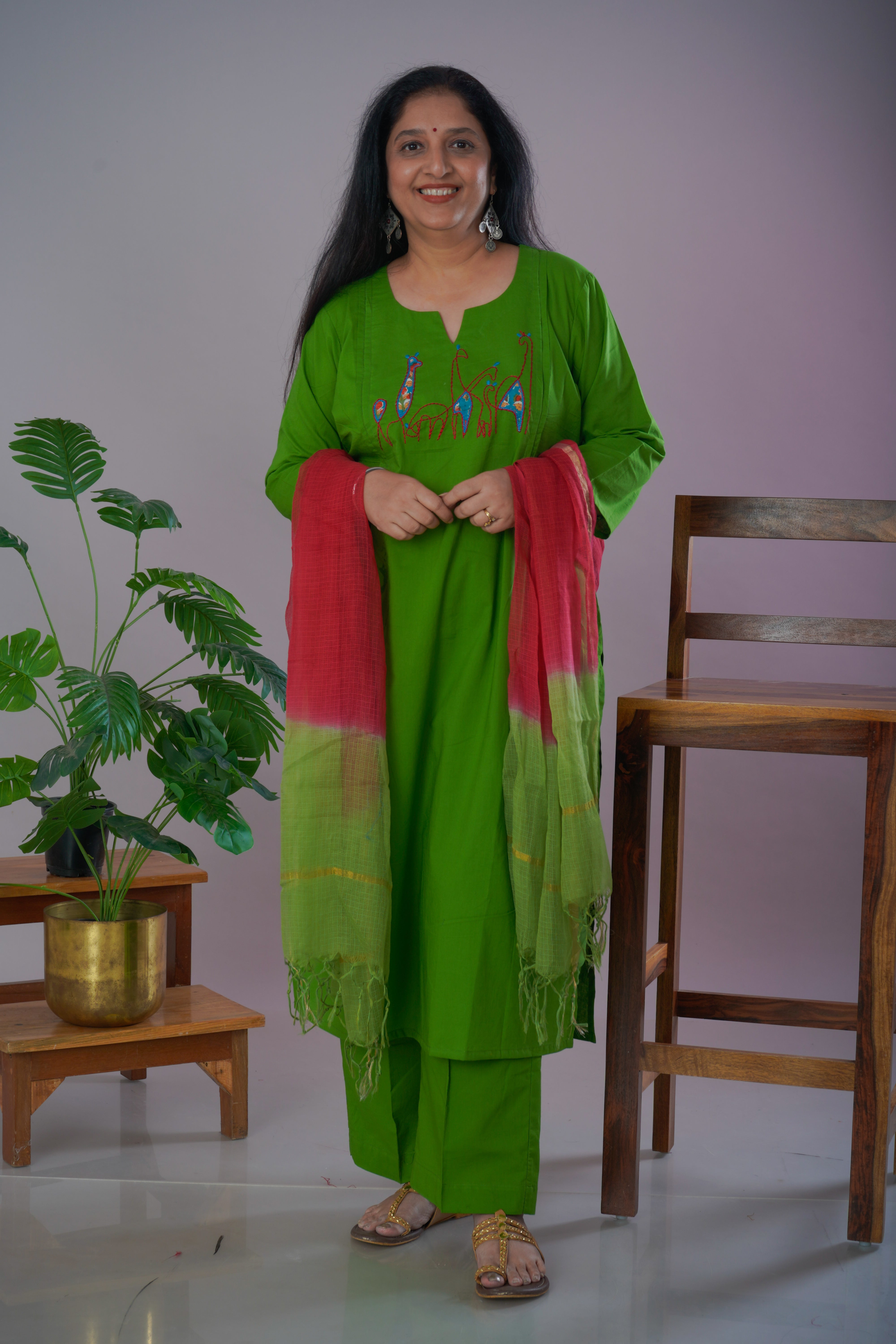 Parrot Green Cambric Cotton Kurta Pant Set with Chanderi Dupatta