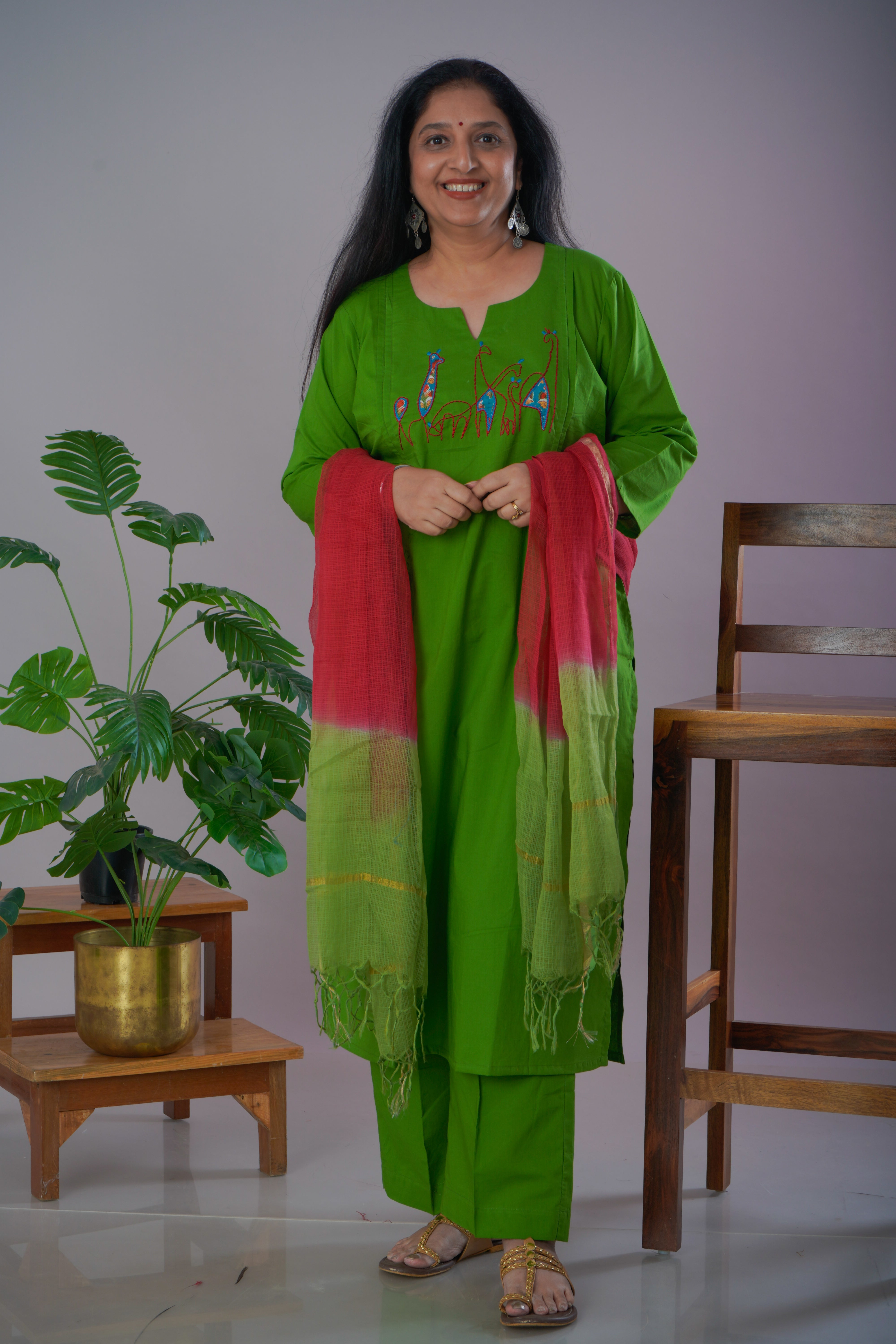 Parrot Green Cambric Cotton Kurta Pant Set with Chanderi Dupatta