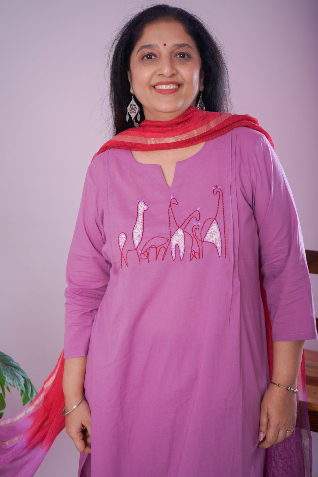 Mauve Cambric Cotton Kurta Pant Set with Chanderi Dupatta