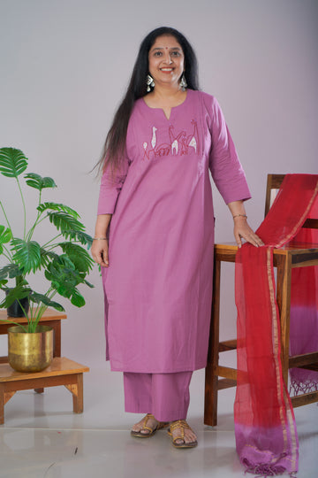 Mauve Cambric Cotton Kurta Pant Set with Chanderi Dupatta
