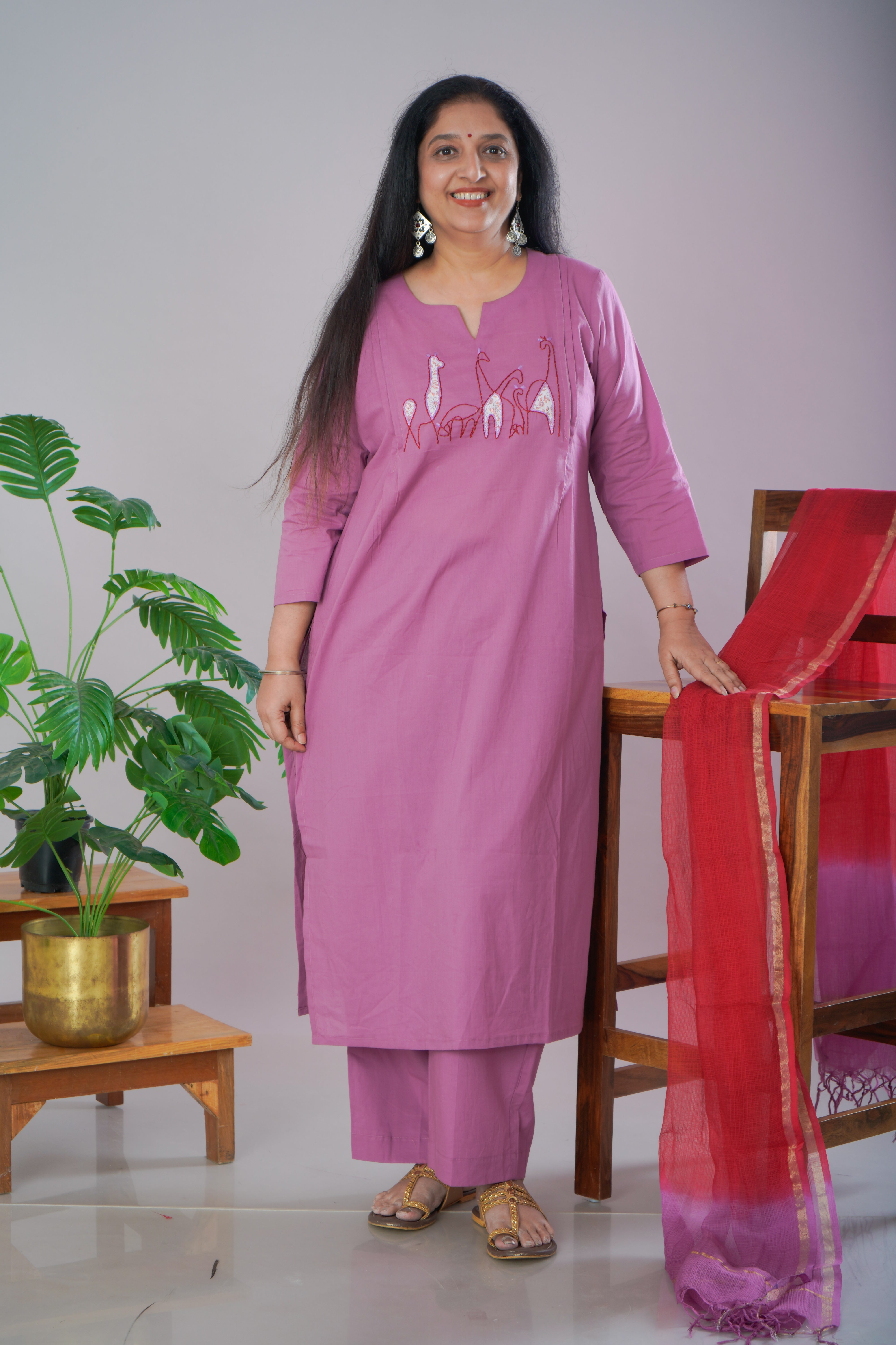 Mauve Cambric Cotton Kurta Pant Set with Chanderi Dupatta