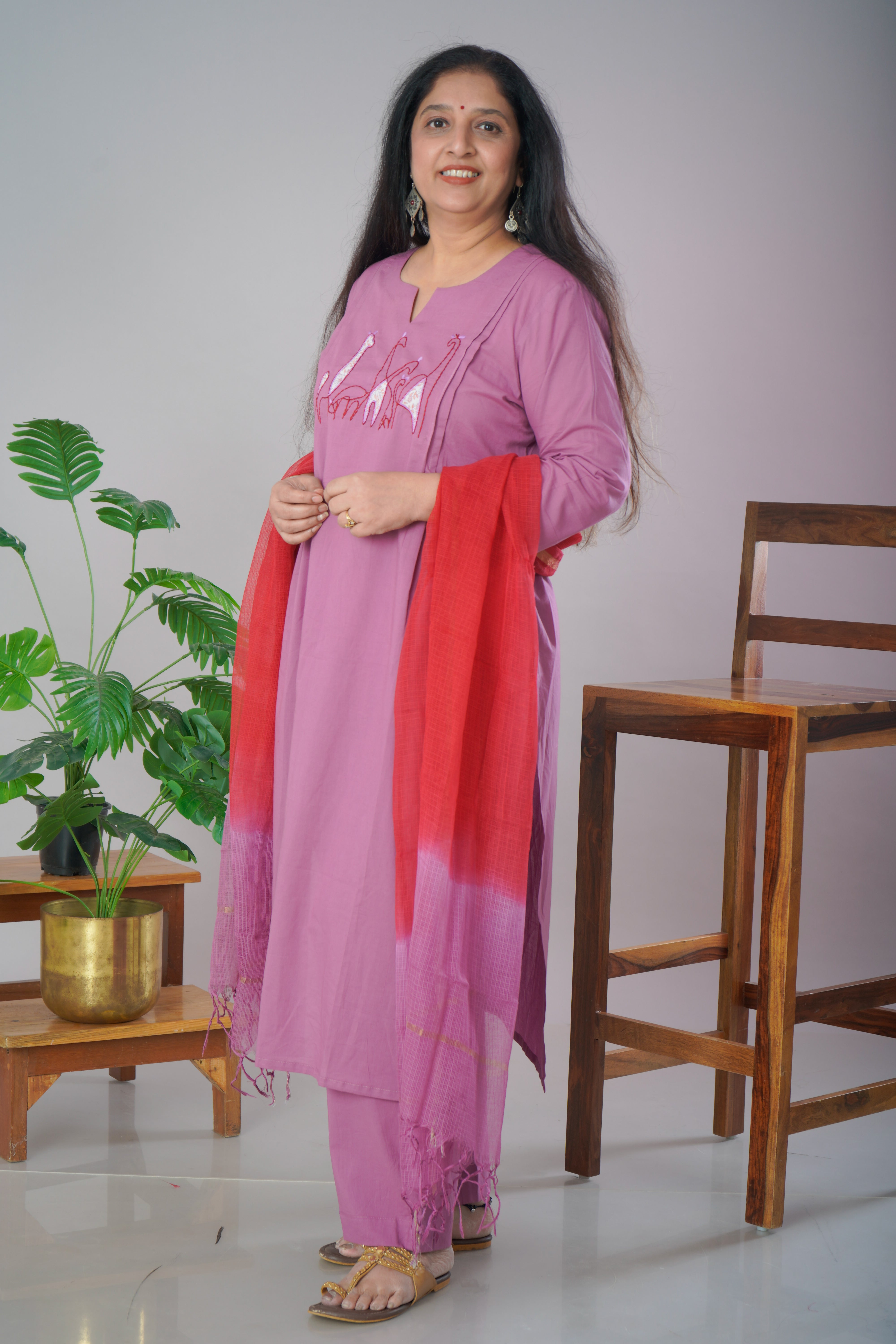 Mauve Cambric Cotton Kurta Pant Set with Chanderi Dupatta