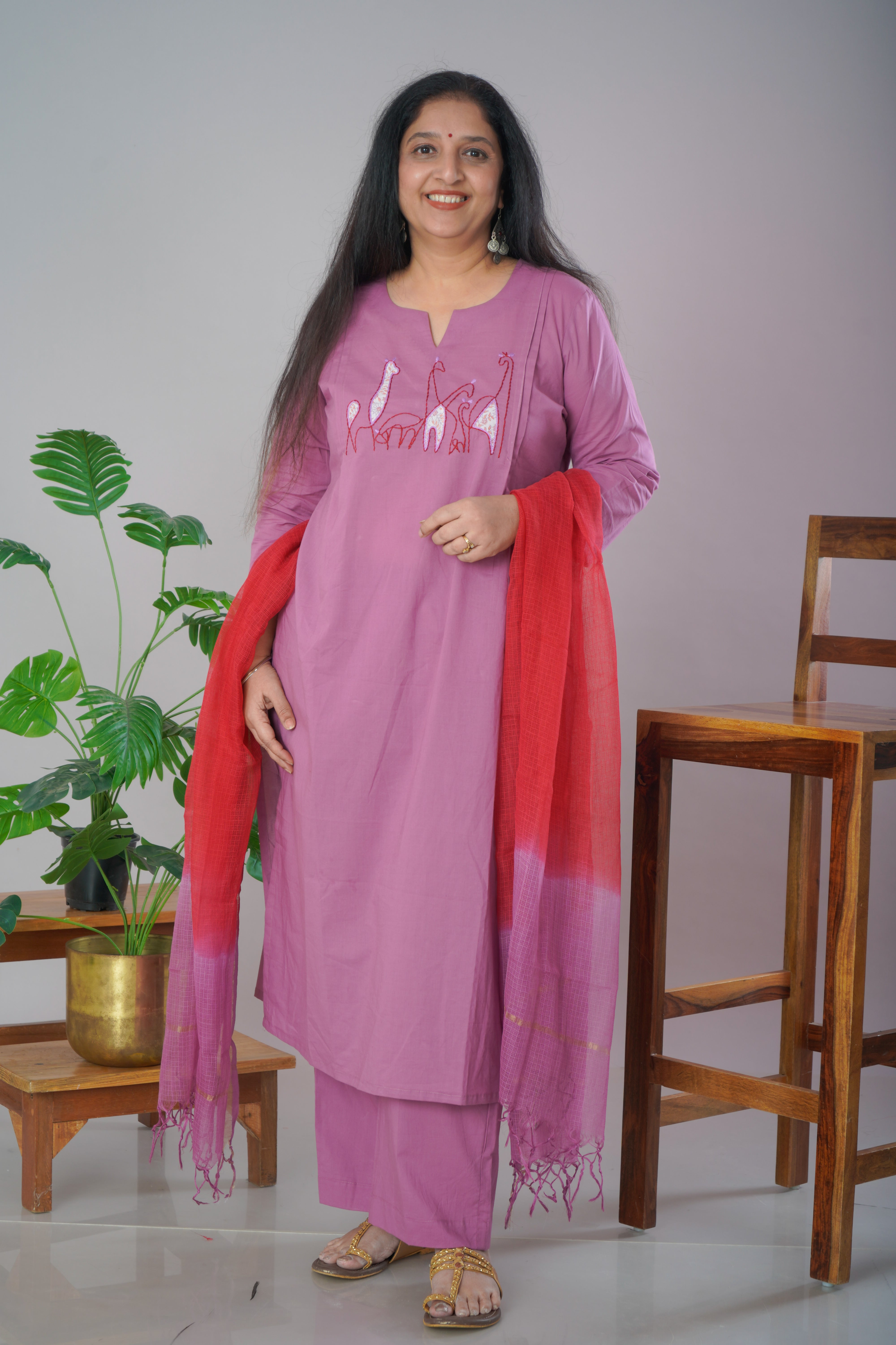 Mauve Cambric Cotton Kurta Pant Set with Chanderi Dupatta
