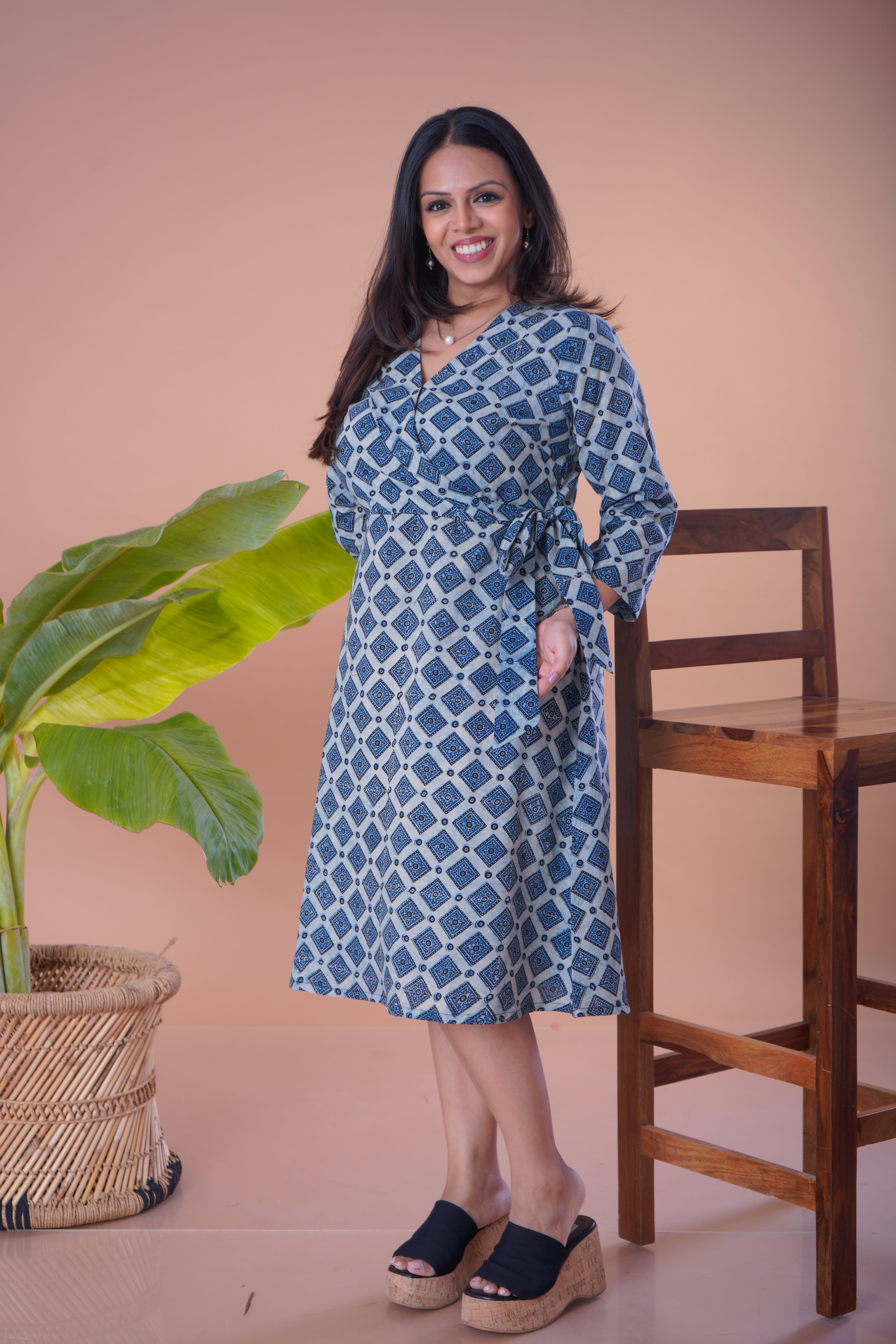 Ajrakh cotton side tie knot A Line short Dress