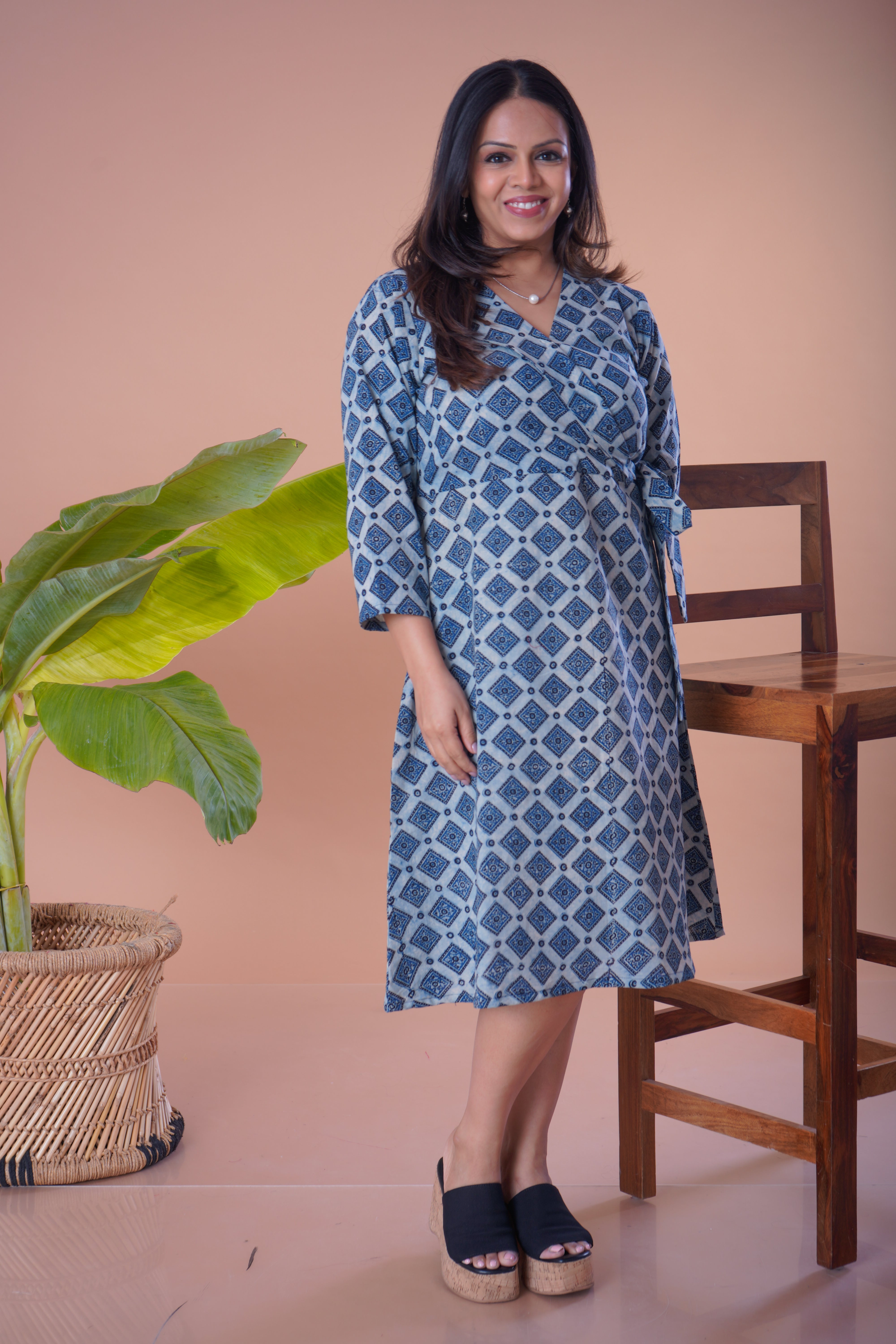 Ajrakh cotton side tie knot A Line short Dress