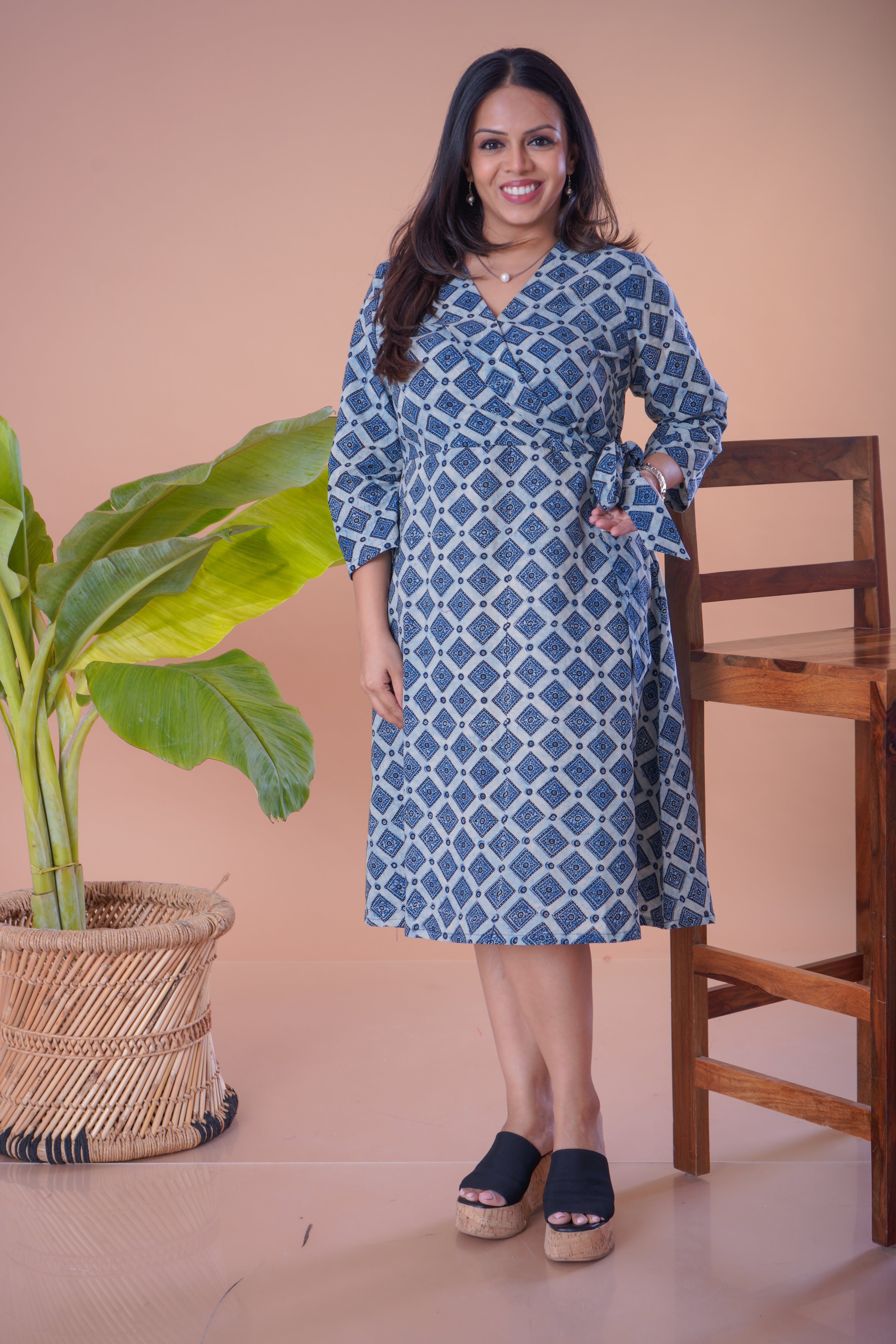 Ajrakh cotton side tie knot A Line short Dress