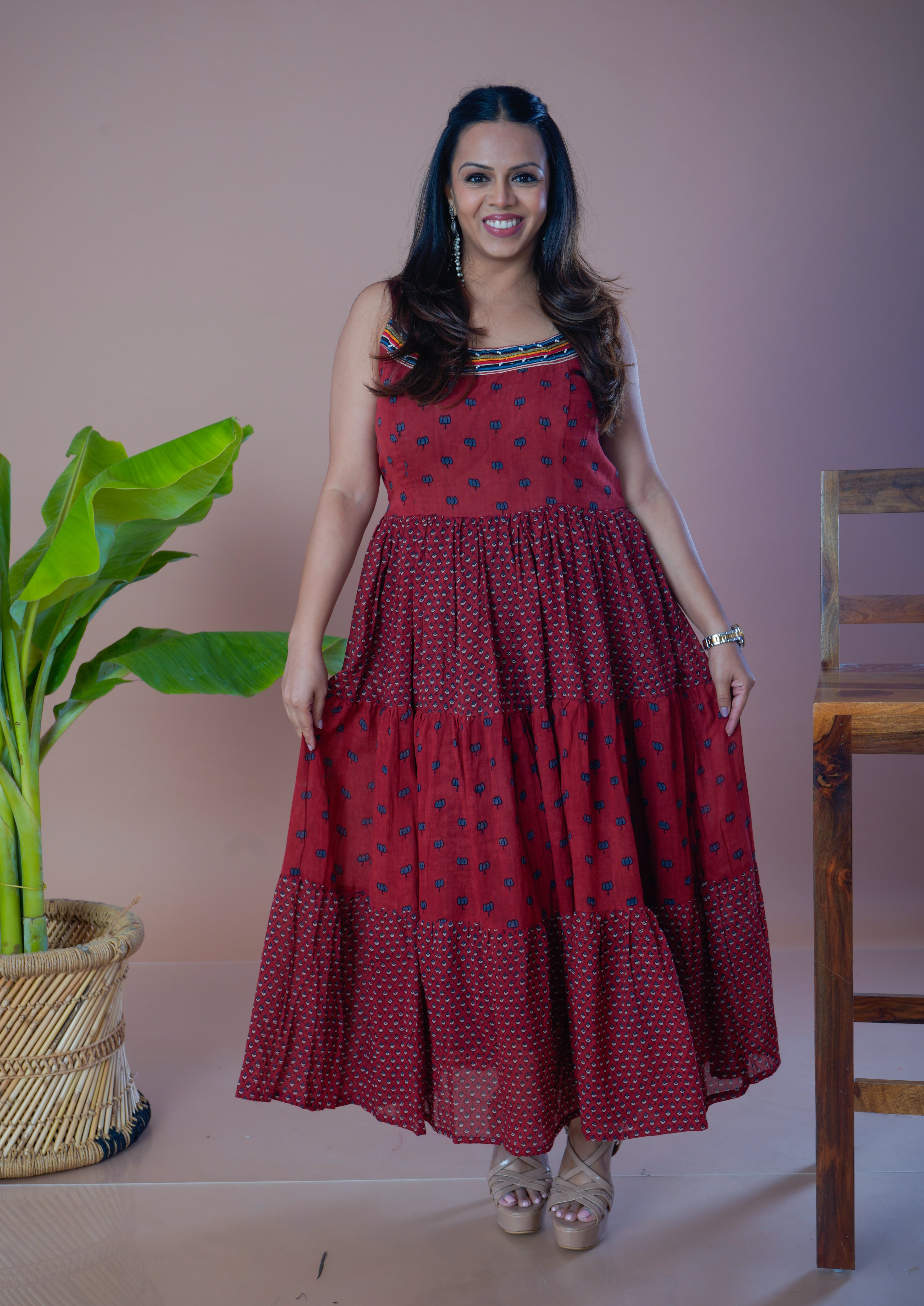 Ajrakh Mulmul Long Tier Dress - Maroon