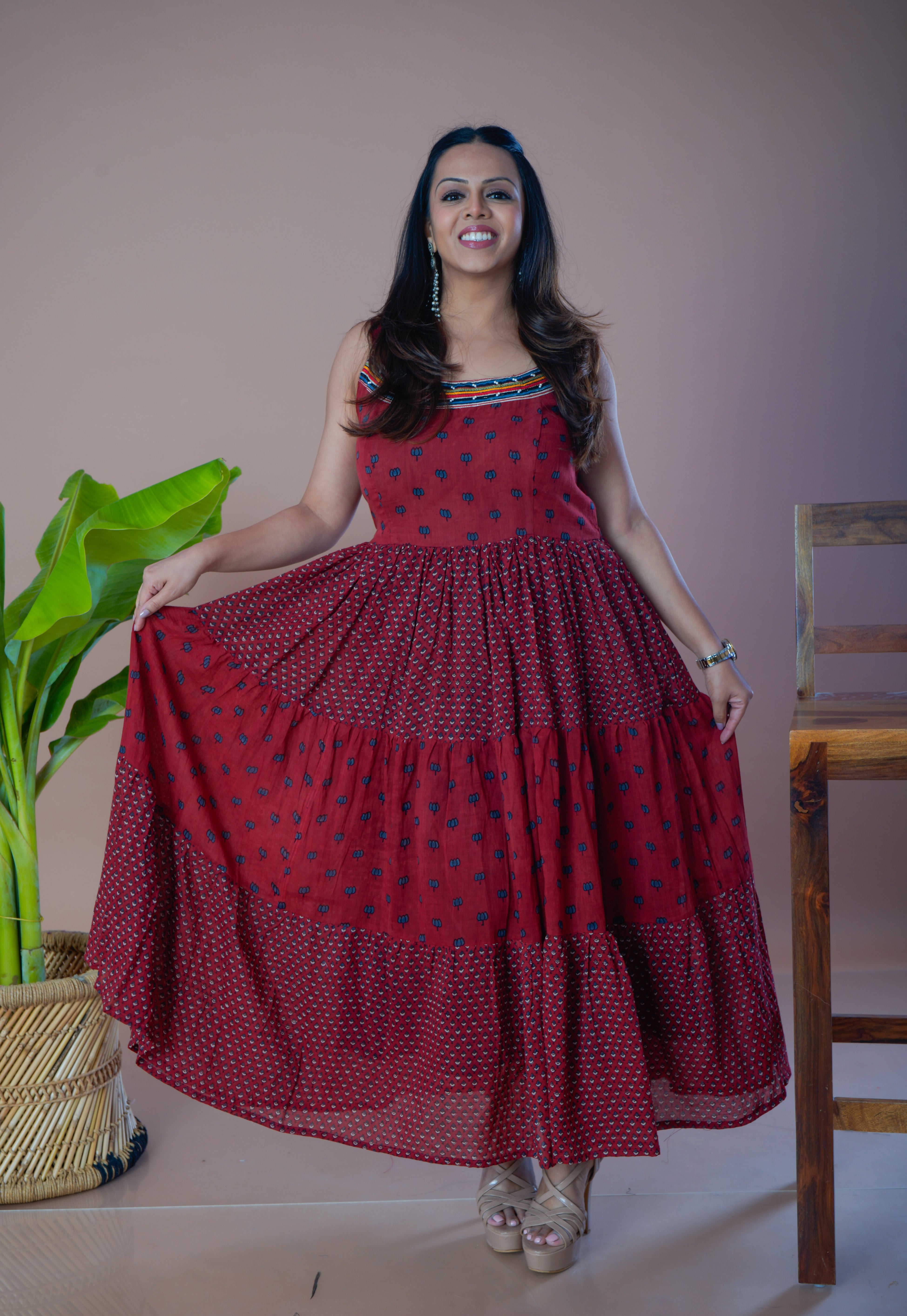 Ajrakh Mulmul Long Tier Dress - Maroon
