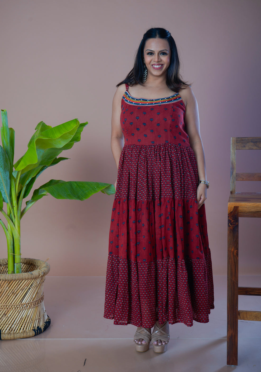 Ajrakh Mulmul Long Tier Dress - Maroon