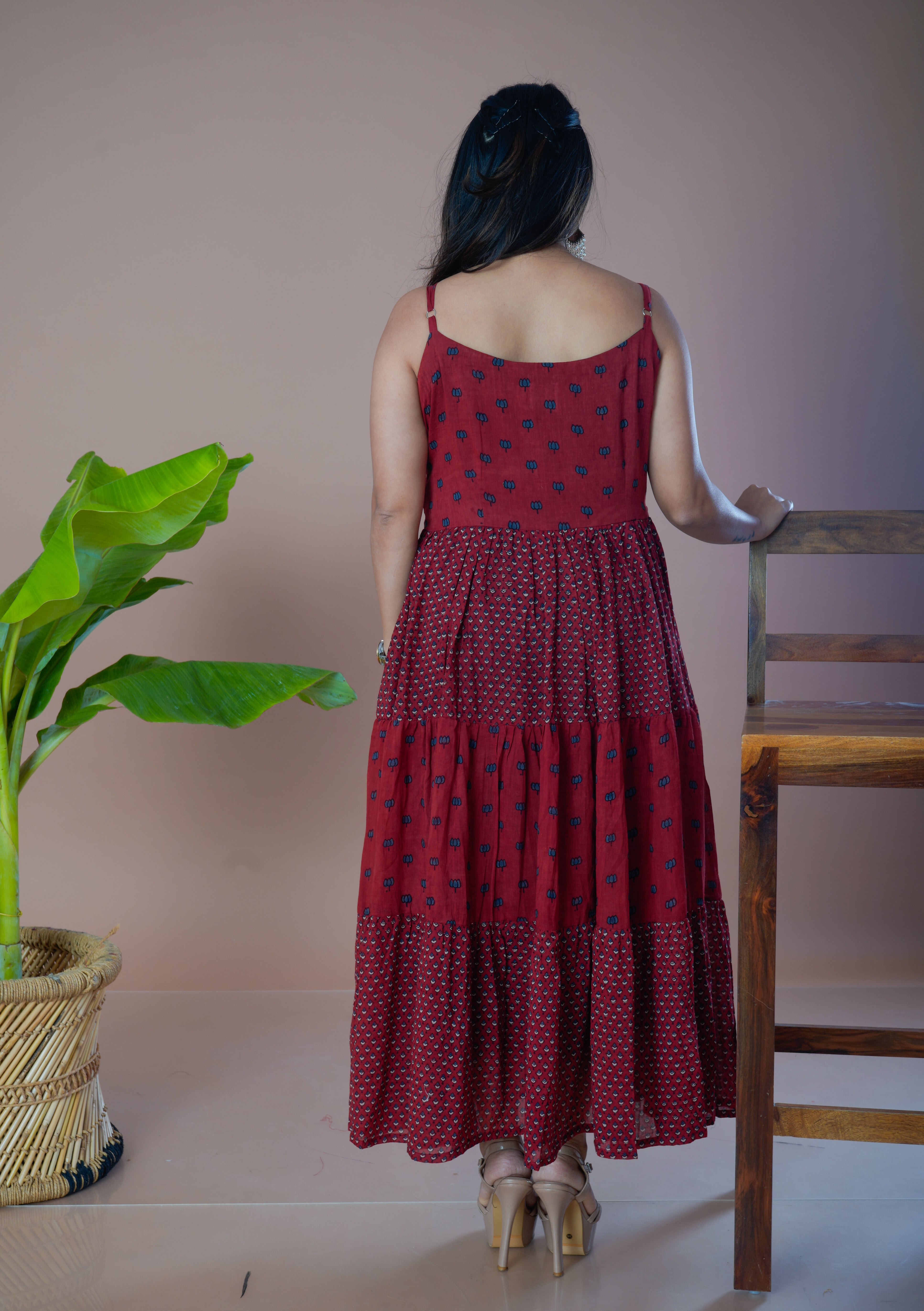 Ajrakh Mulmul Long Tier Dress - Maroon