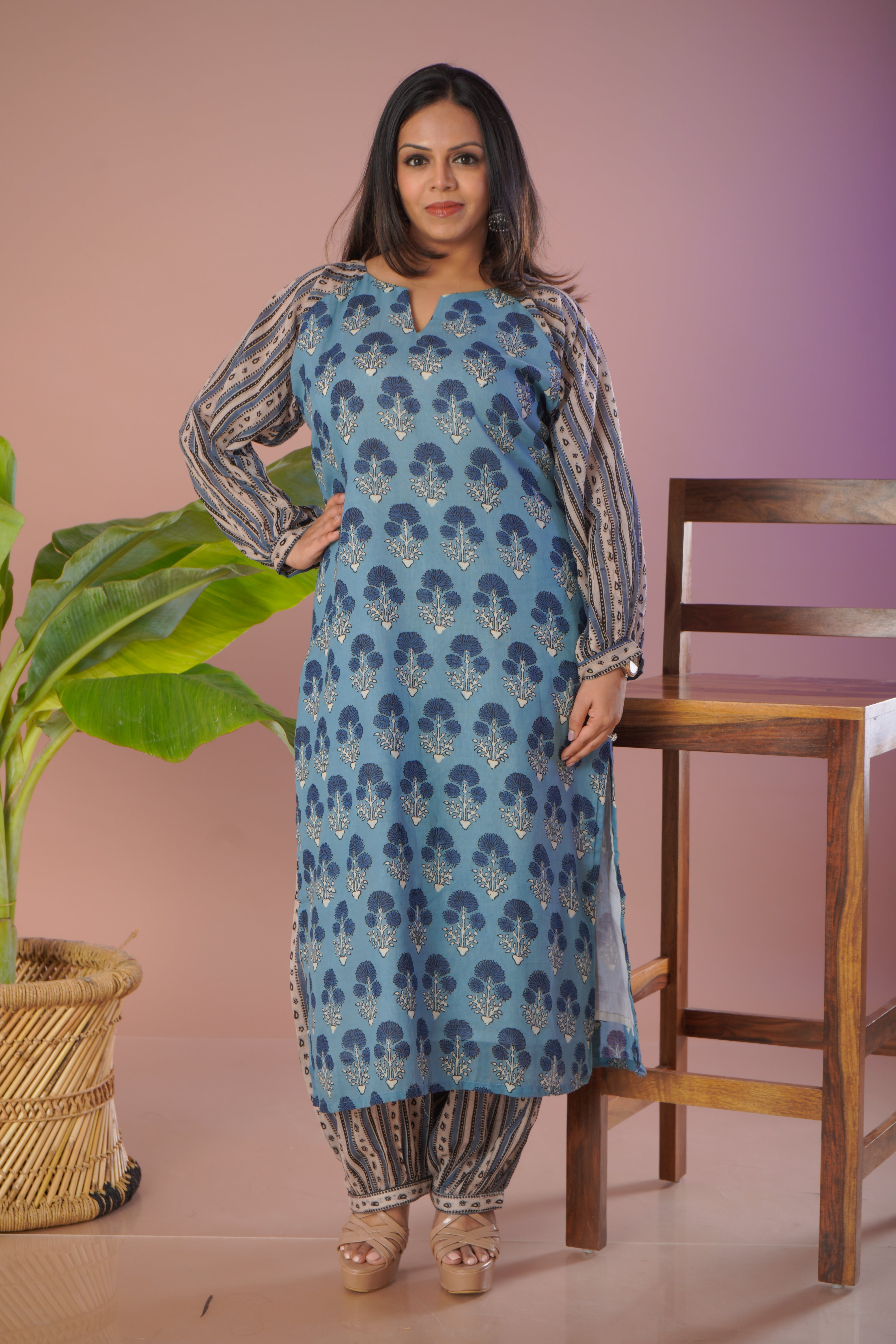 Ajrakh Printed Kurta Set with Mulmul Afgani Pants
