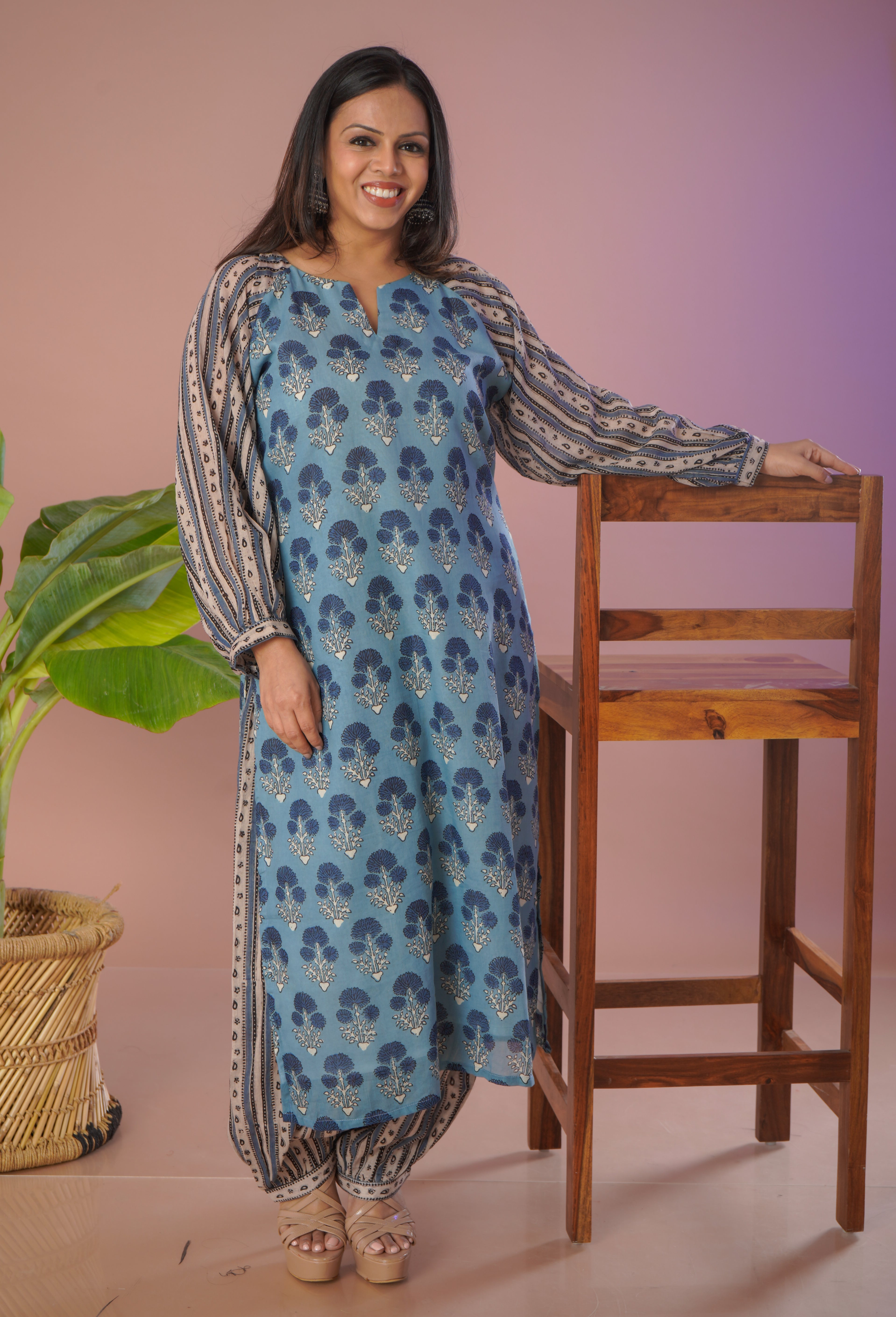 Ajrakh Printed Kurta Set with Mulmul Afgani Pants