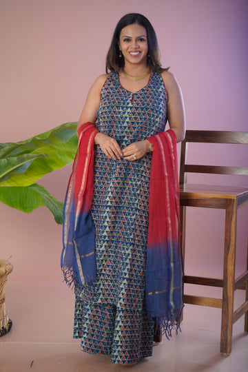 Blue Ajrakh Cotton Kurta Plazo Dupatta Set